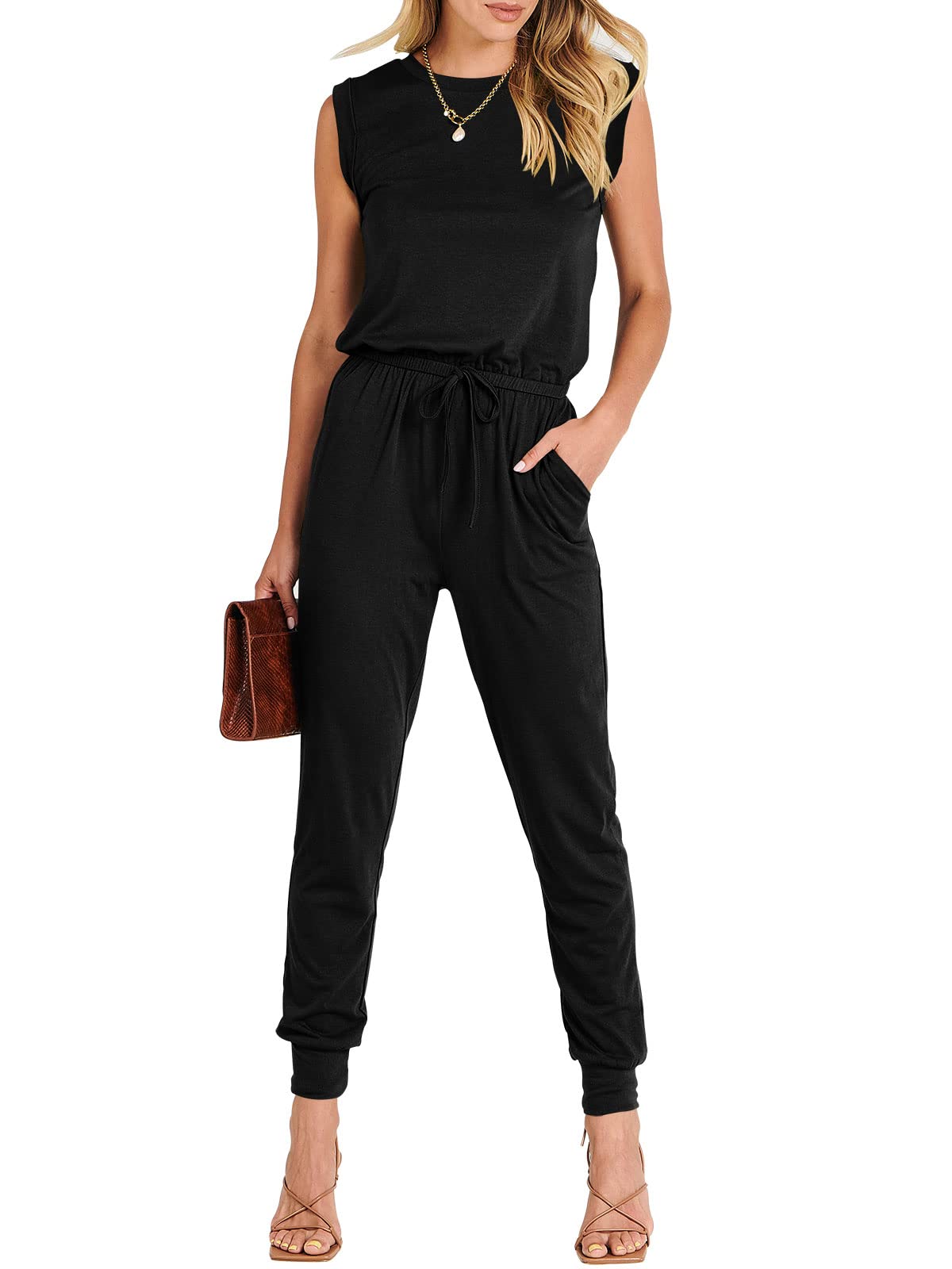 ANRABESS Womens Summer Sleeveless Jumpsuits Casual Dressy Stretchy Crewneck Rompers One Piece Outfits Fall Fashion 2026