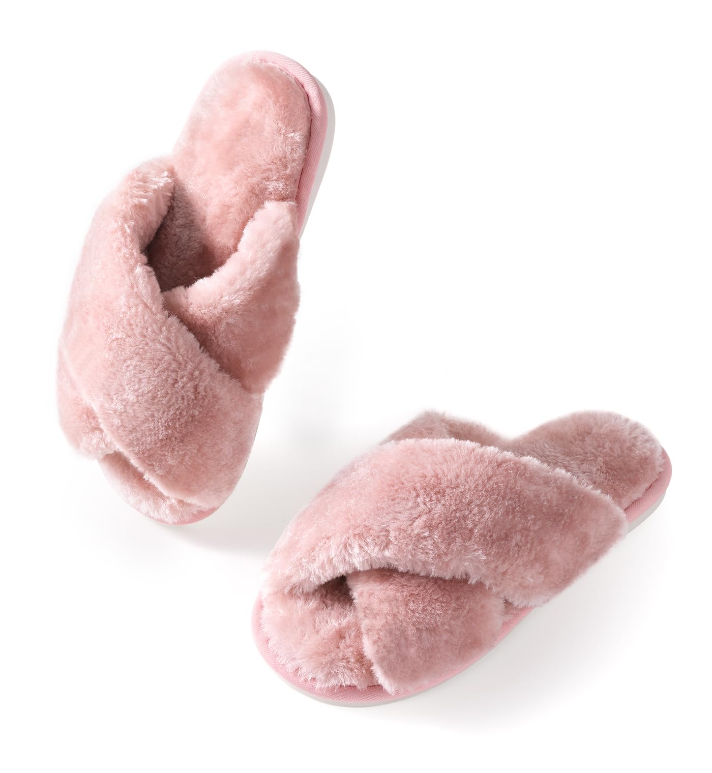 Ankis Women's Fuzzy Slippers Cross Band Memory Foam Open Toe Comfy Soft House Shoes Anti-Slip Indoor Outdoor Gifts for Women