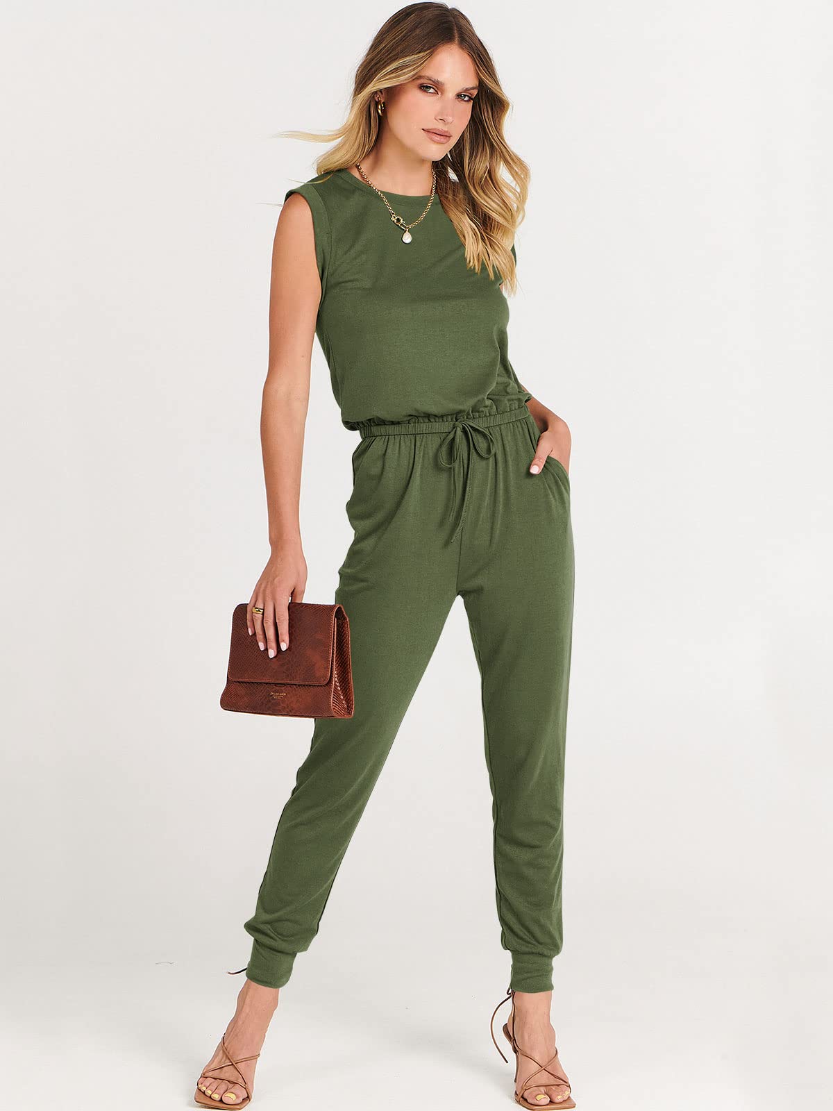 ANRABESS Womens Summer Sleeveless Jumpsuits Casual Dressy Stretchy Crewneck Rompers One Piece Outfits Fall Fashion 2026