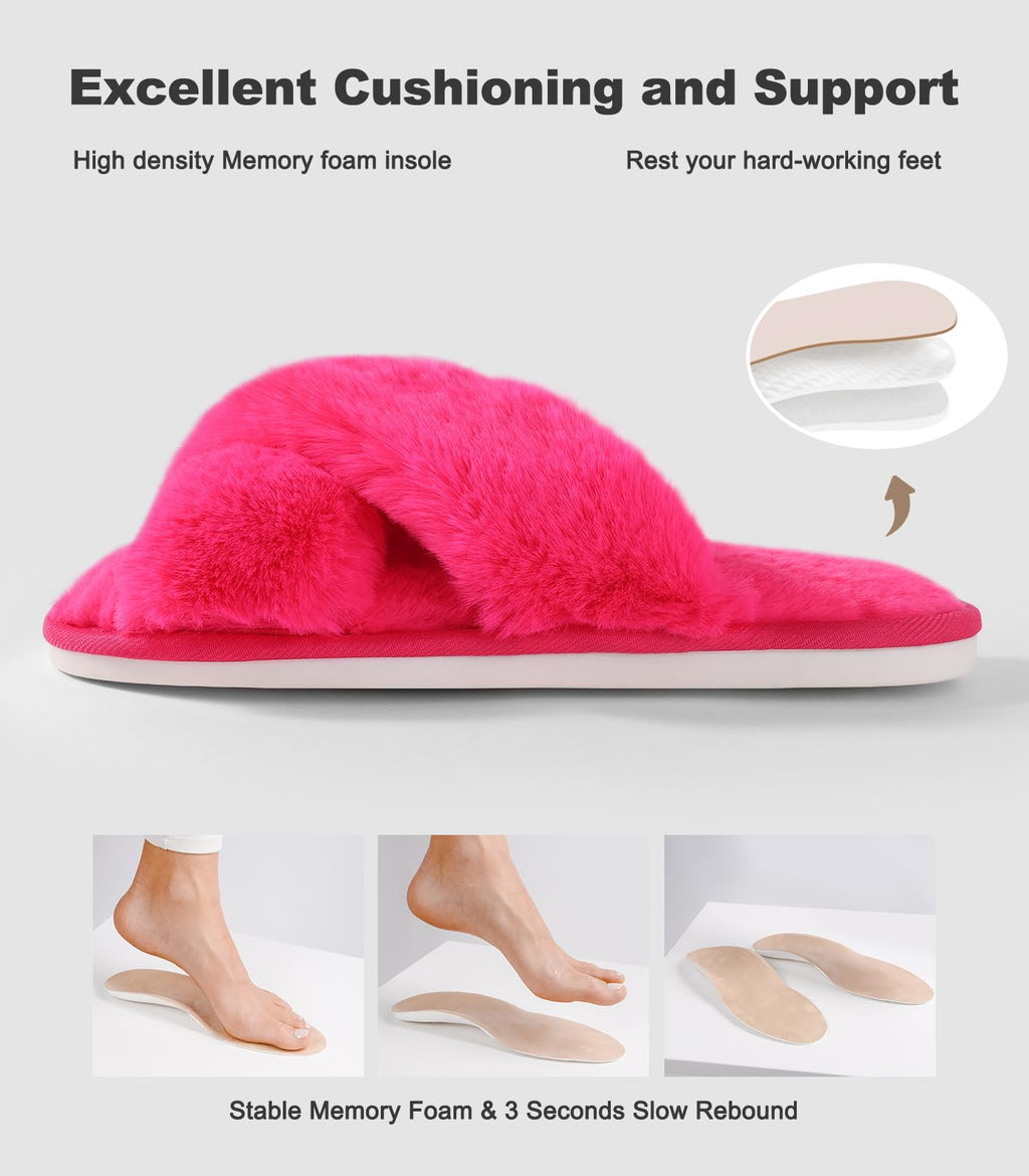 Ankis Women's Fuzzy Slippers Cross Band Memory Foam Open Toe Comfy Soft House Shoes Anti-Slip Indoor Outdoor Gifts for Women
