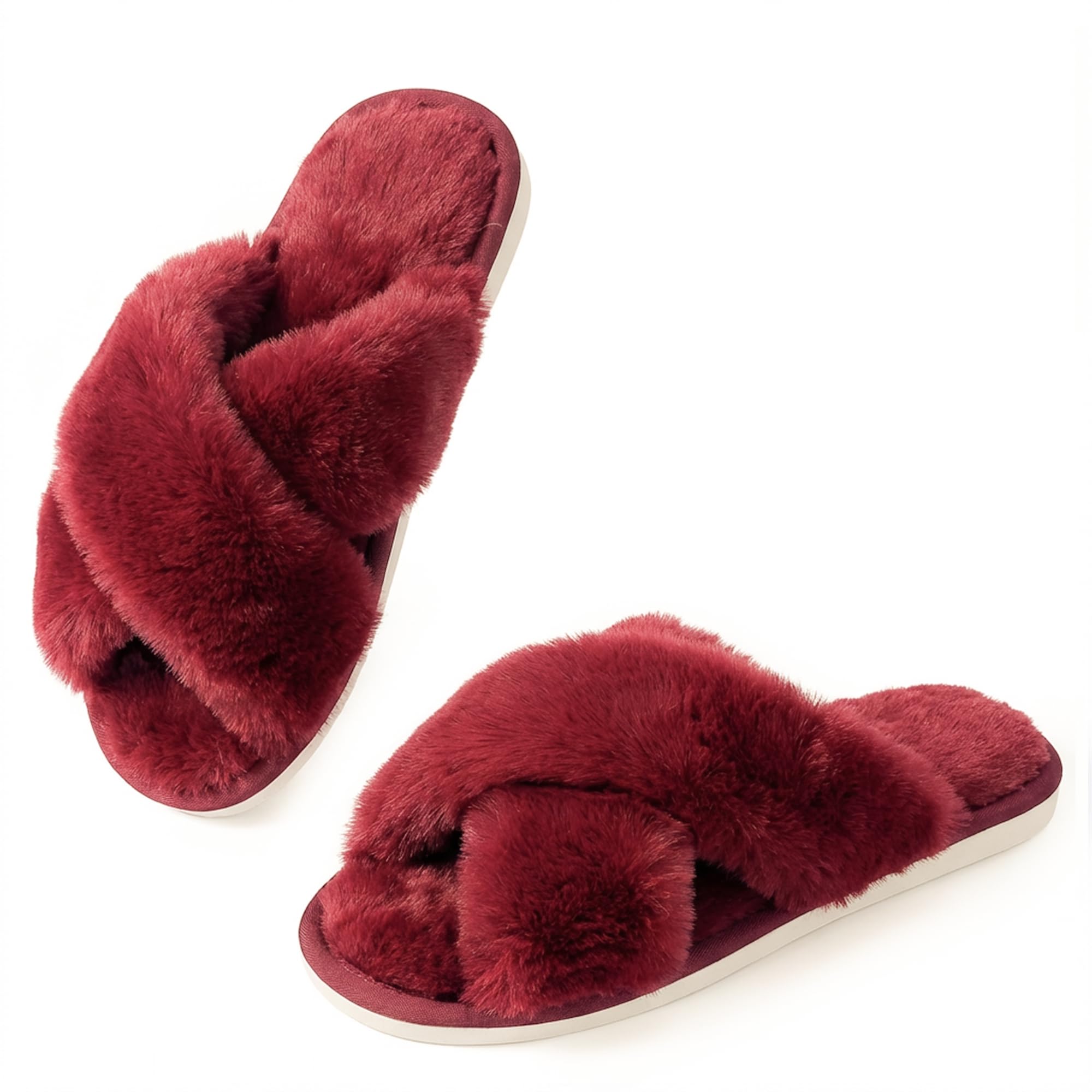 Ankis Women's Fuzzy Slippers Cross Band Memory Foam Open Toe Comfy Soft House Shoes Anti-Slip Indoor Outdoor Gifts for Women