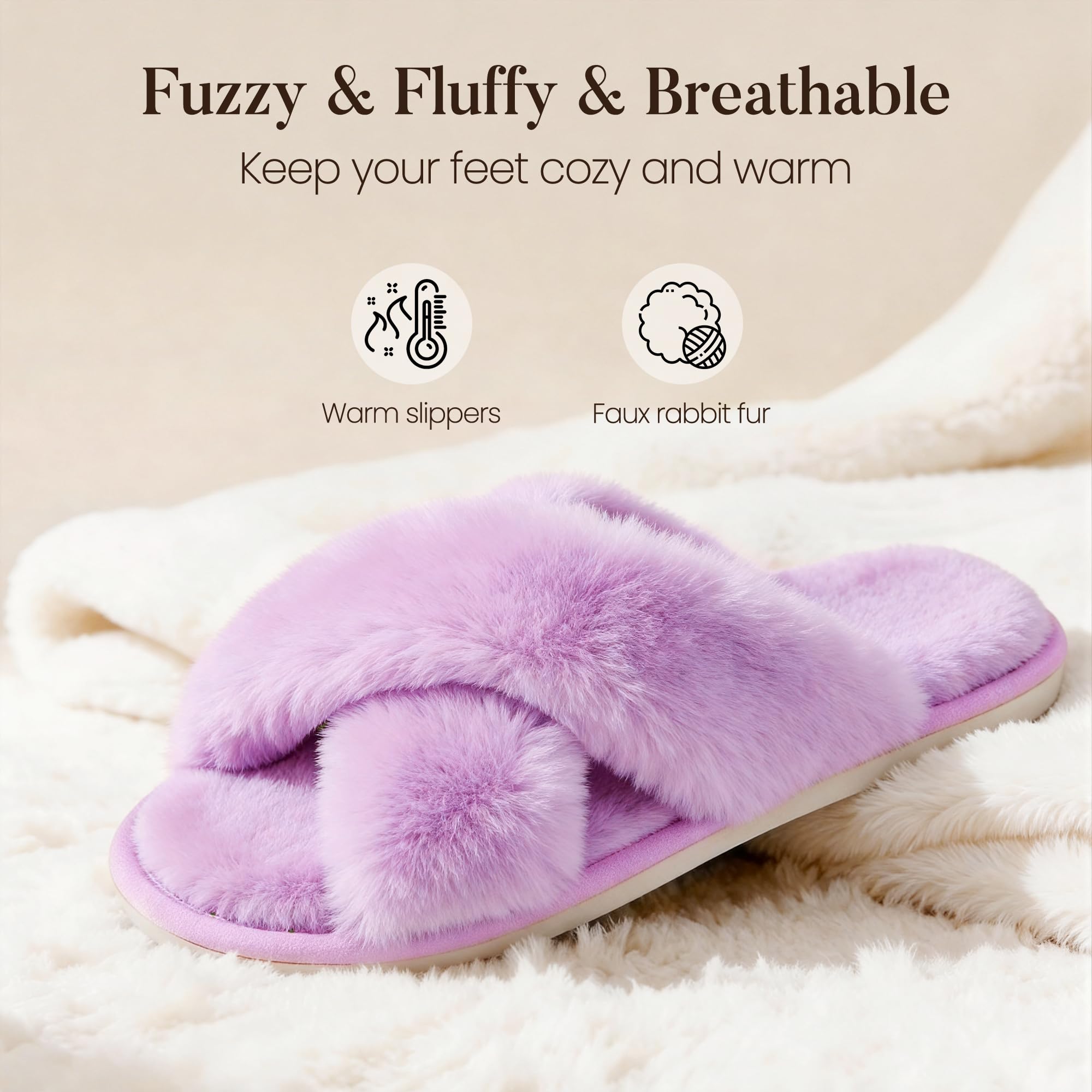 Ankis Women's Fuzzy Slippers Cross Band Memory Foam Open Toe Comfy Soft House Shoes Anti-Slip Indoor Outdoor Gifts for Women