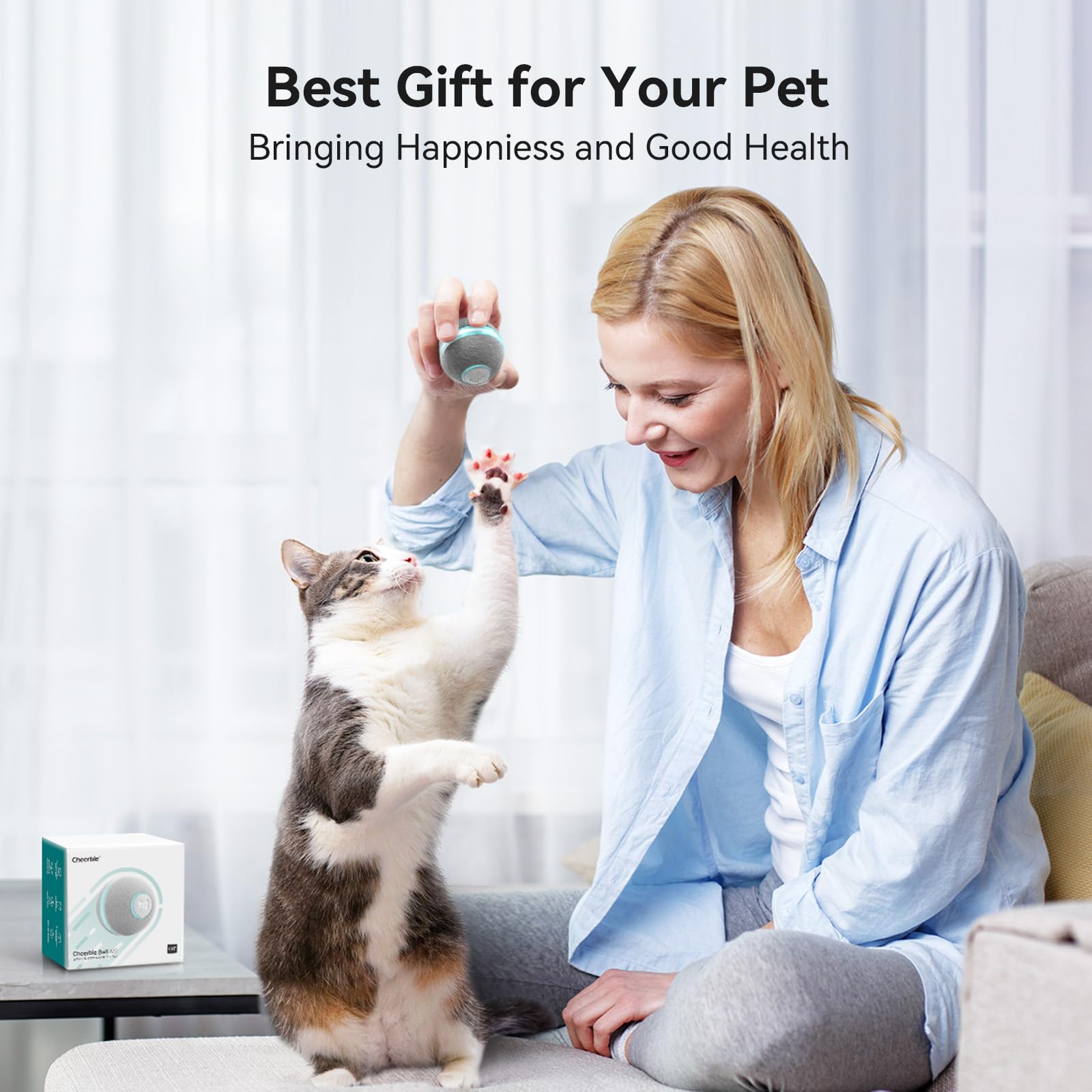 Cheerble Smart Interactive Cat Toy, Automatic Moving Bouncing Rolling Ball for Indoor Cat Kitten, Peppy Pet Ball with Lights and Bell, Grey
