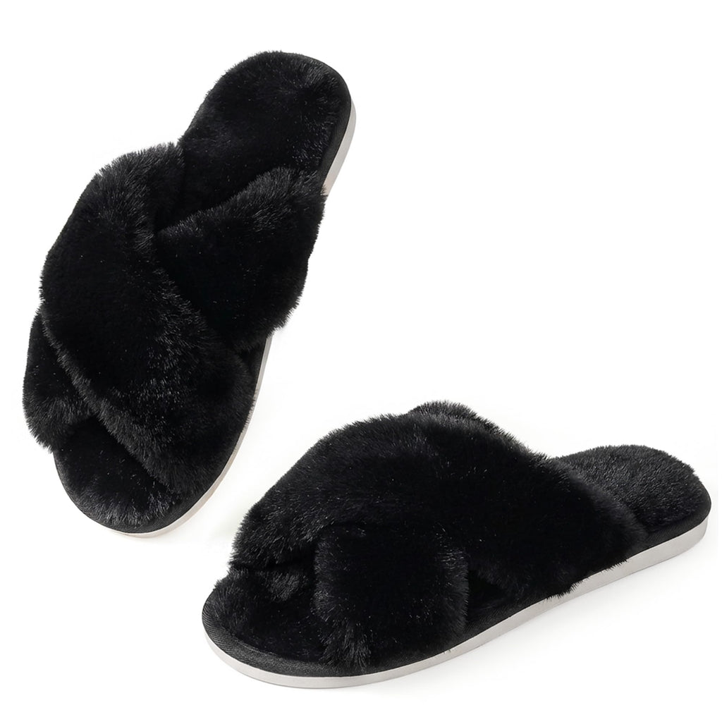 Ankis Women's Fuzzy Slippers Cross Band Memory Foam Open Toe Comfy Soft House Shoes Anti-Slip Indoor Outdoor Gifts for Women