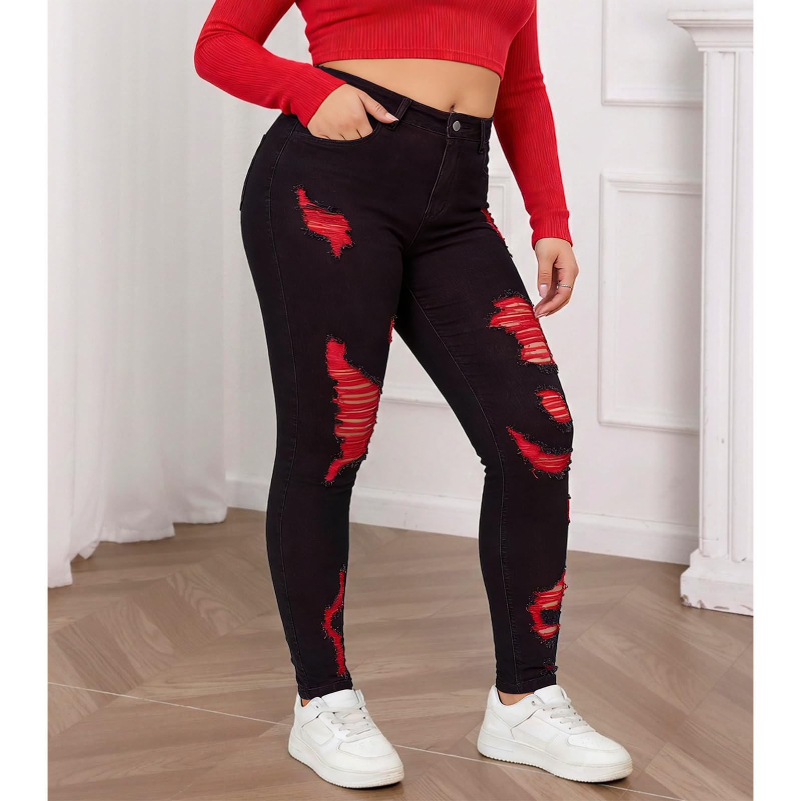 Women's High Waisted Stretchy Skinny Jeans Plus Size Ripped Distressed Butt Lifting Jeans Ankle Jean