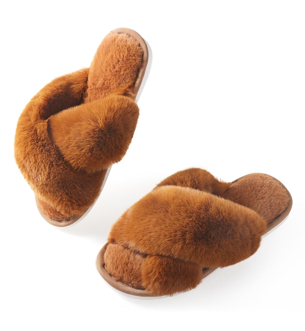 Ankis Women's Fuzzy Slippers Cross Band Memory Foam Open Toe Comfy Soft House Shoes Anti-Slip Indoor Outdoor Gifts for Women