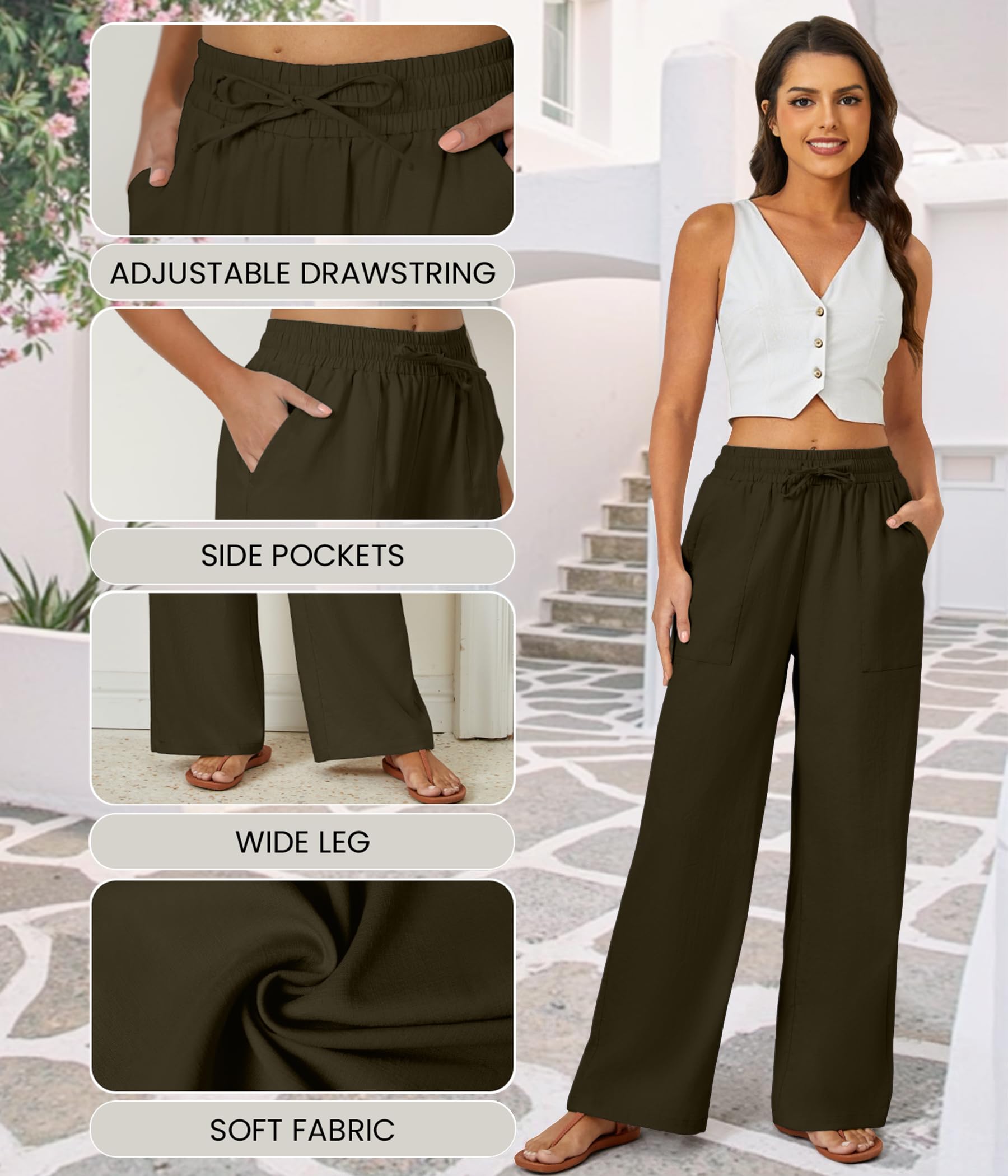 FireSwan Womens Palazzo Pants Casual Drawstring Flowy Pants Wide Leg Summer Beach Linen Trousers with Pockets