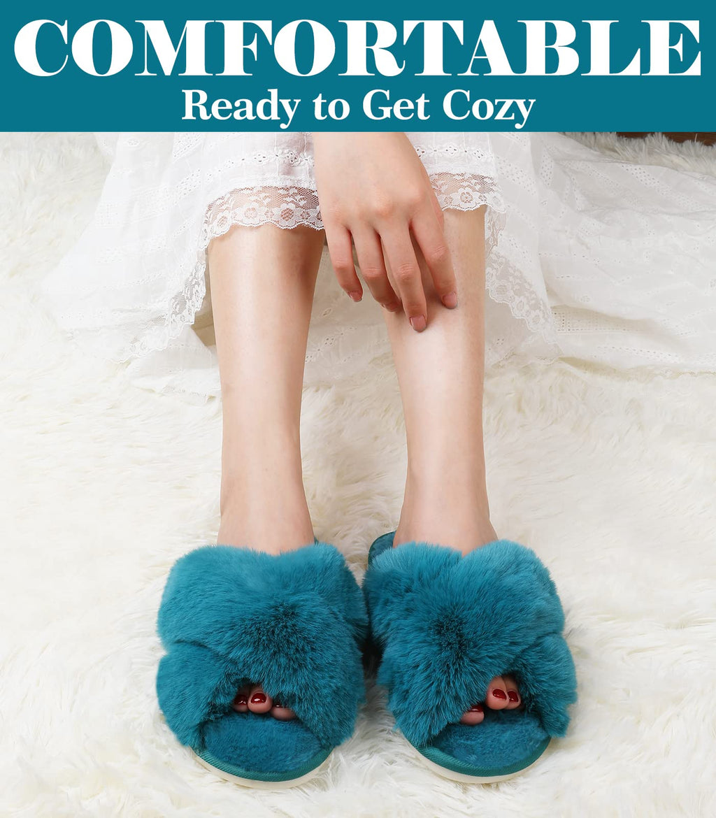 Ankis Women's Fuzzy Slippers Cross Band Memory Foam Open Toe Comfy Soft House Shoes Anti-Slip Indoor Outdoor Gifts for Women