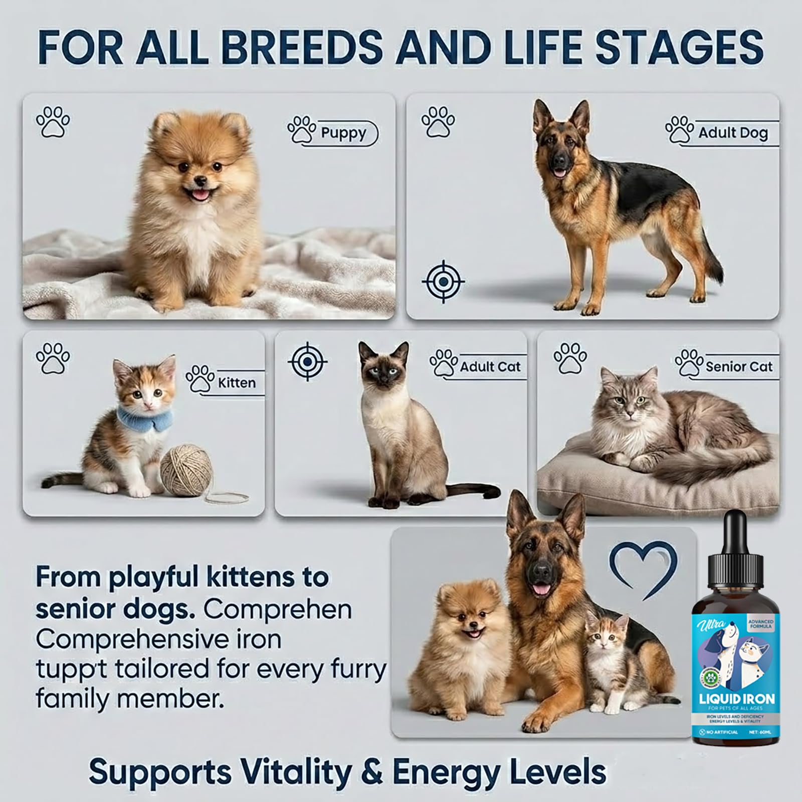 Iron Supplement for Cats and Dogs, 2 Fl Oz Liquid Iron Drops with Vitamin B12 & C, Supports Healthy Blood Levels, Energy and Vitality, Immune Support for Pets Needing Blood Health, Quick Absorption