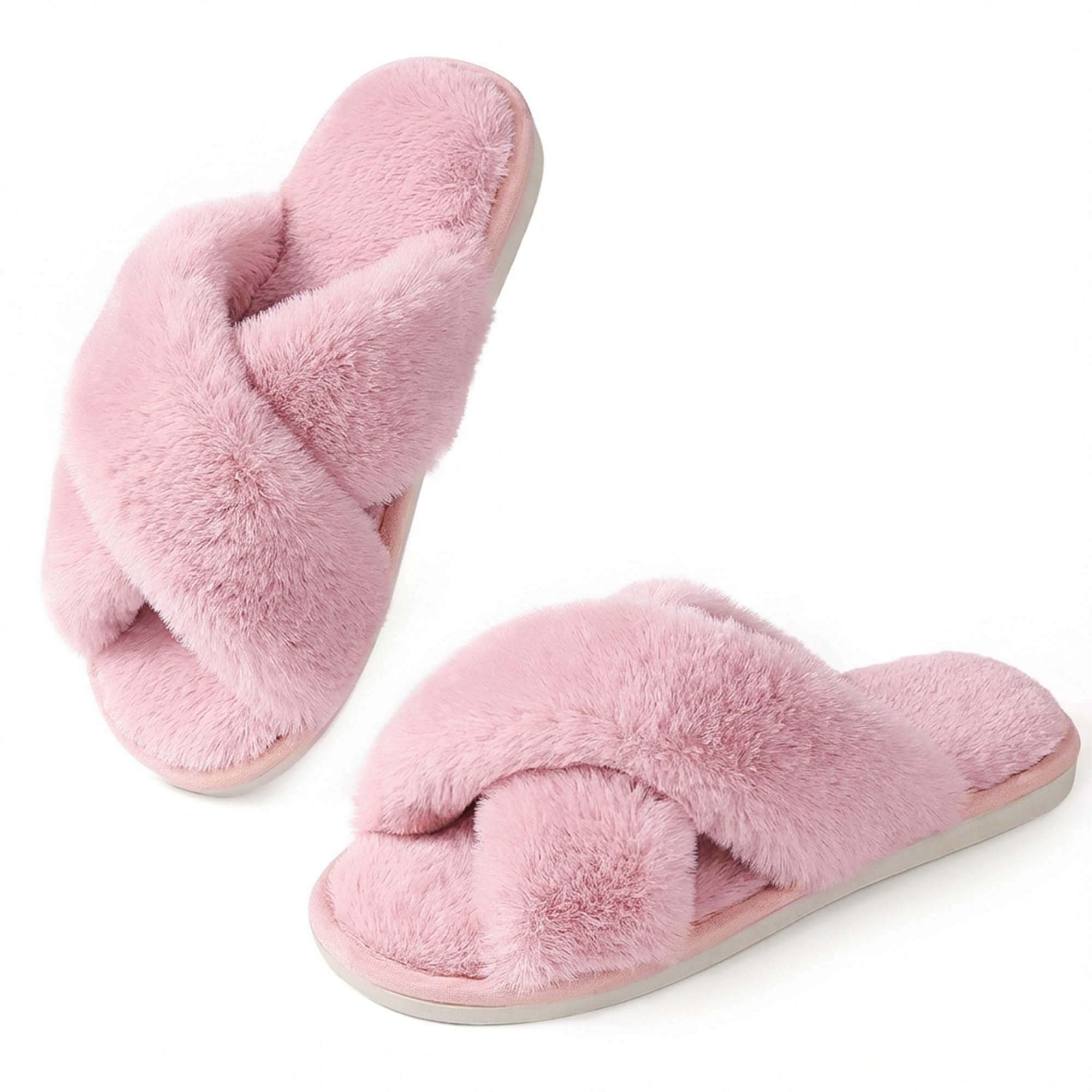 Ankis Women's Fuzzy Slippers Cross Band Memory Foam Open Toe Comfy Soft House Shoes Anti-Slip Indoor Outdoor Gifts for Women