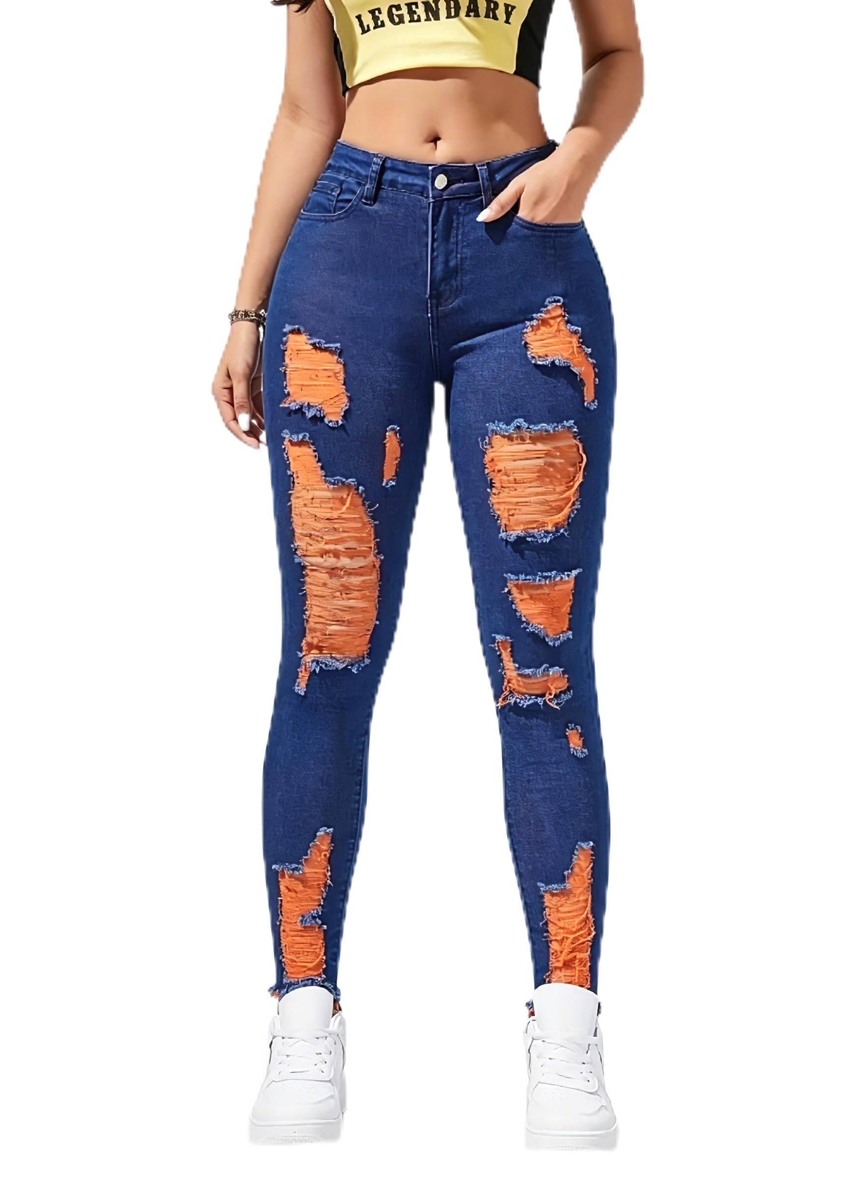 Women's High Waisted Stretchy Skinny Jeans Plus Size Ripped Distressed Butt Lifting Jeans Ankle Jean