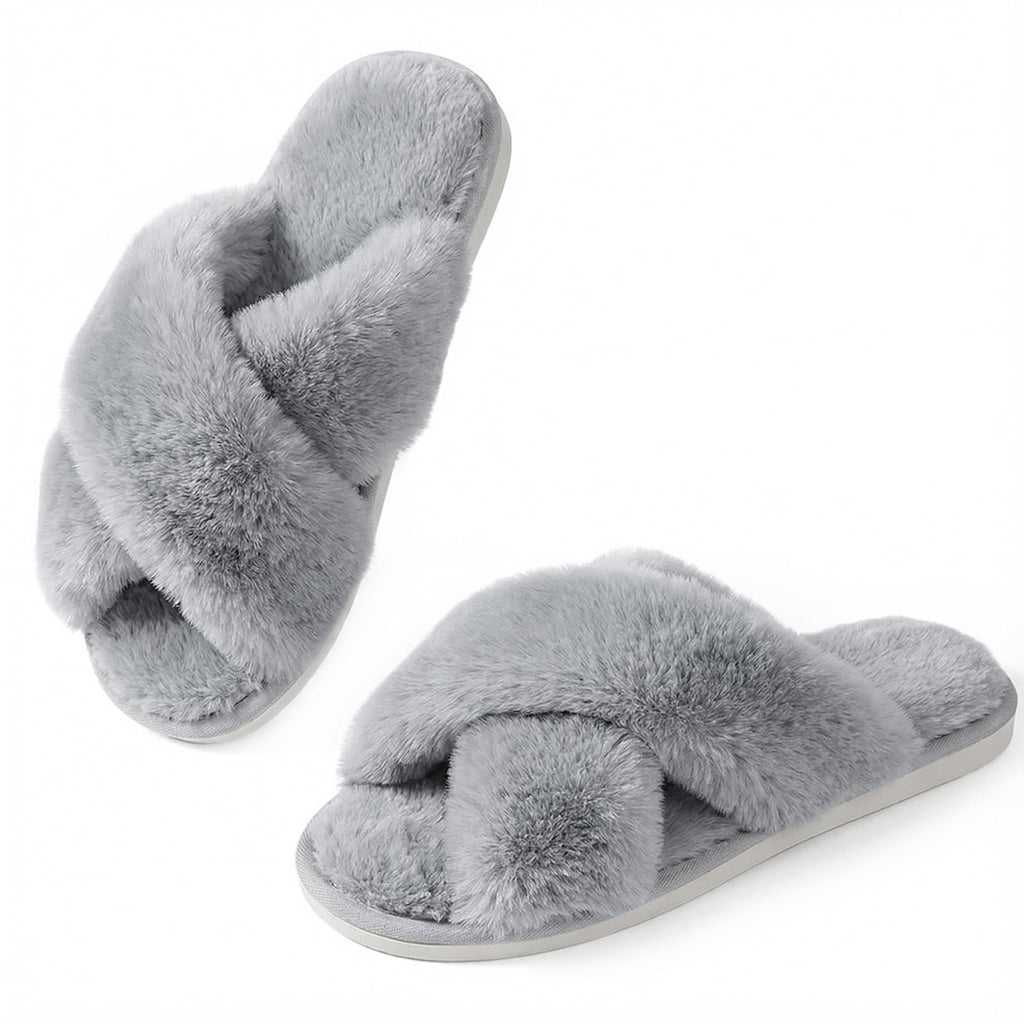 Ankis Women's Fuzzy Slippers Cross Band Memory Foam Open Toe Comfy Soft House Shoes Anti-Slip Indoor Outdoor Gifts for Women