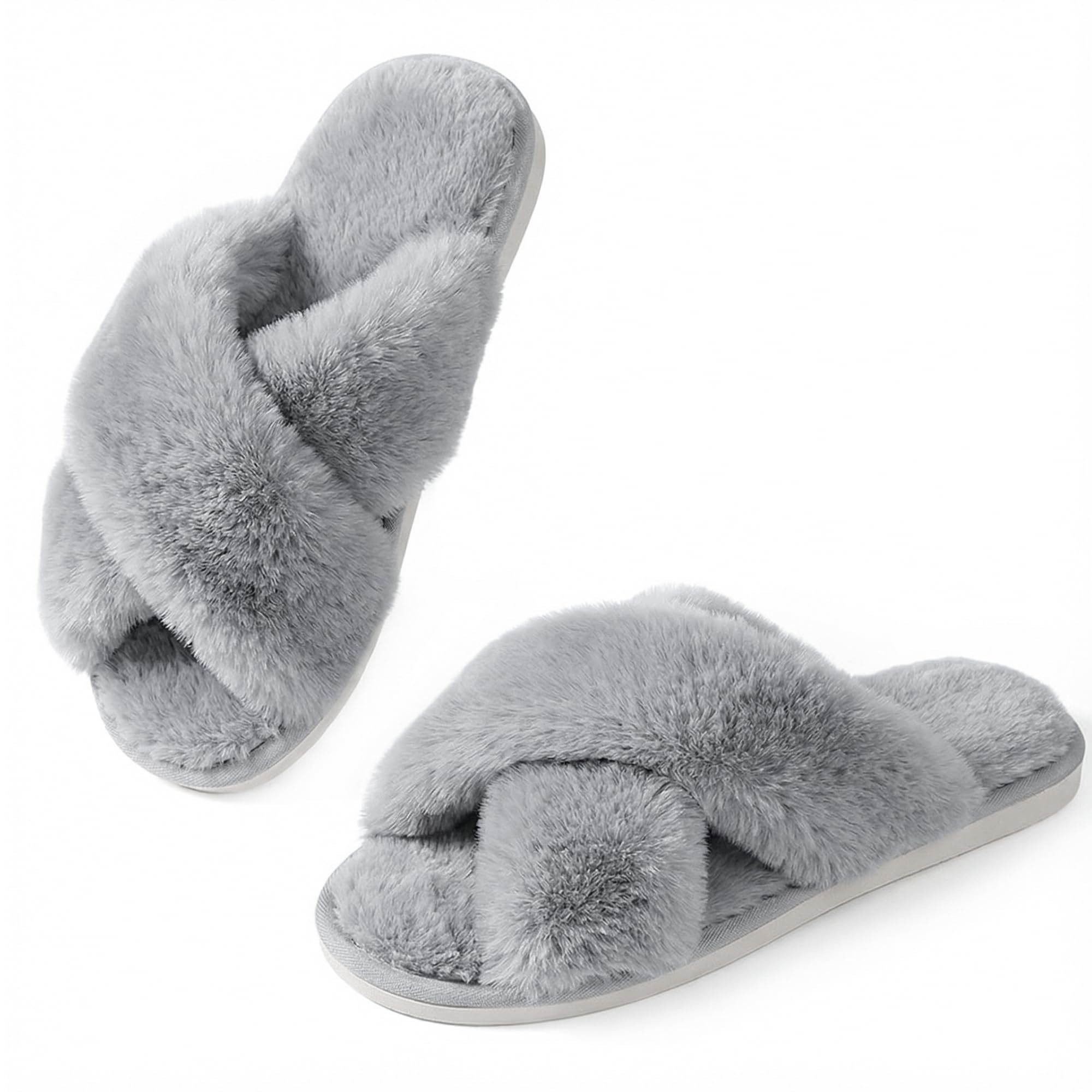 Ankis Women's Fuzzy Slippers Cross Band Memory Foam Open Toe Comfy Soft House Shoes Anti-Slip Indoor Outdoor Gifts for Women