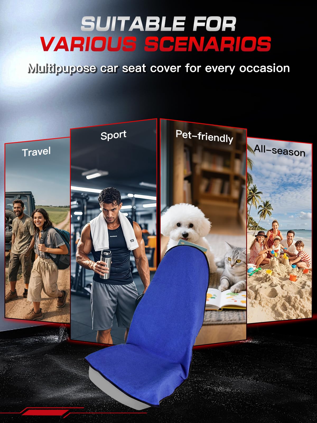 1160g Heavy Duty Towel Car Seat Cover, Sweatproof Absorbent Microfiber Rear Seat Protector for Gym Beach Athletes, Universal Fit Waterproof Back Seat Mat for Sedans SUV Minivans(Black, 1PC)