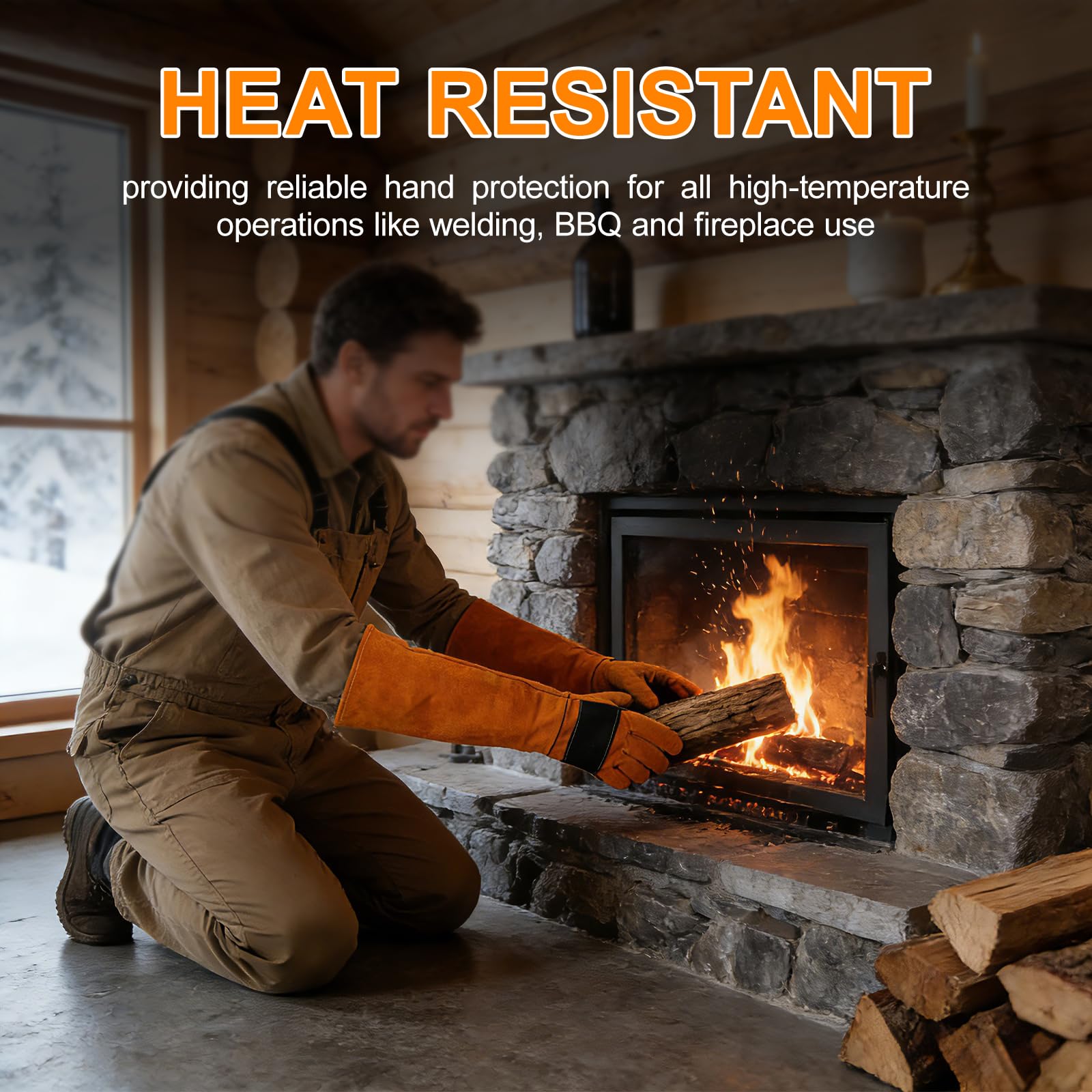 17.6Inches Heat Resistant Welding Gloves, Fire & Heat Proof Fireplace Gloves, Bite & Scratch Resistant, Heavy Duty Leather for Welding/BBQ/Wood Stove/Furnace/Oven/Forge/Animal Handling/Pet Care