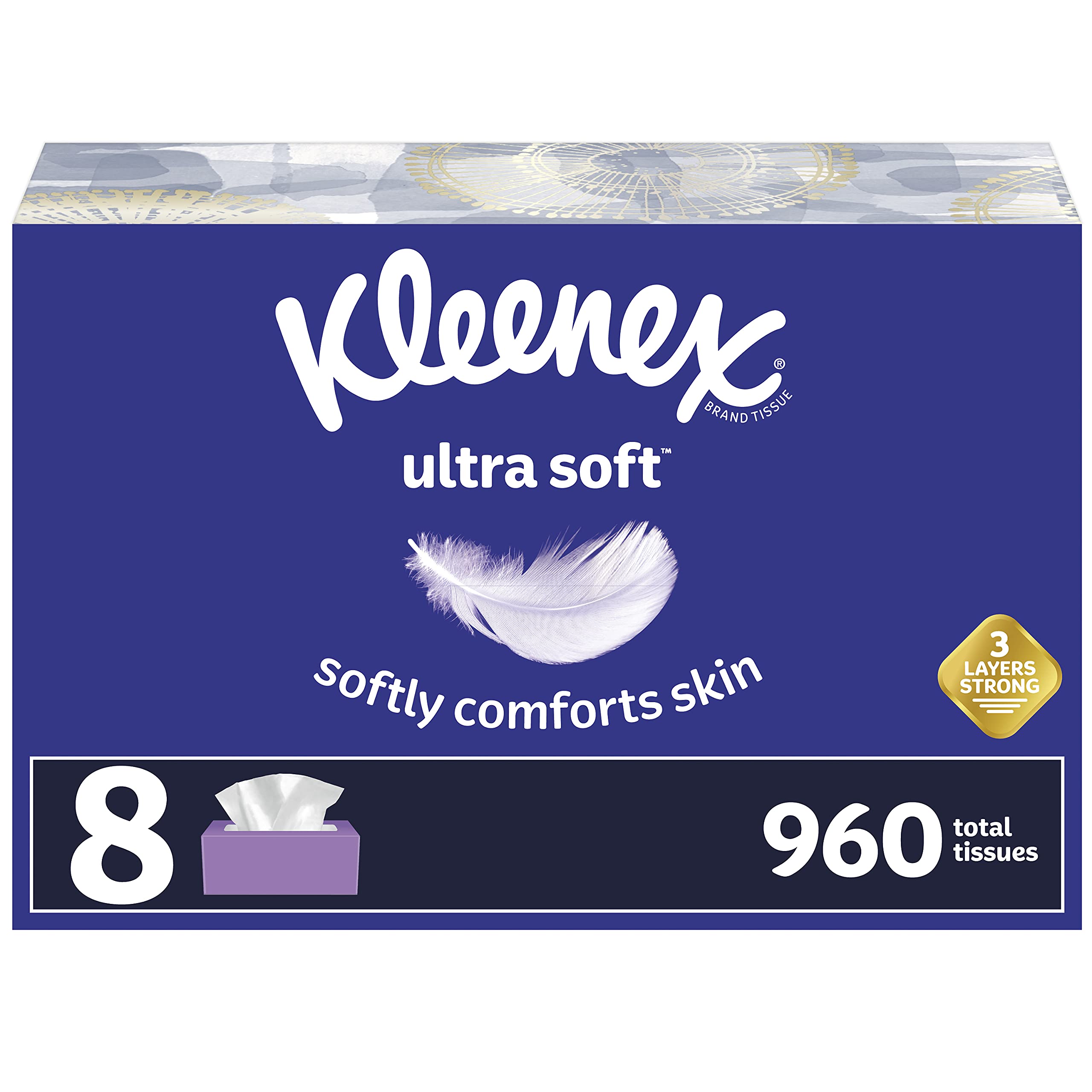 Kleenex Ultra Soft Facial Tissues, 3 Flat Boxes, 120 Tissues per Box, 3-Ply (360 Total), Packaging May Vary
