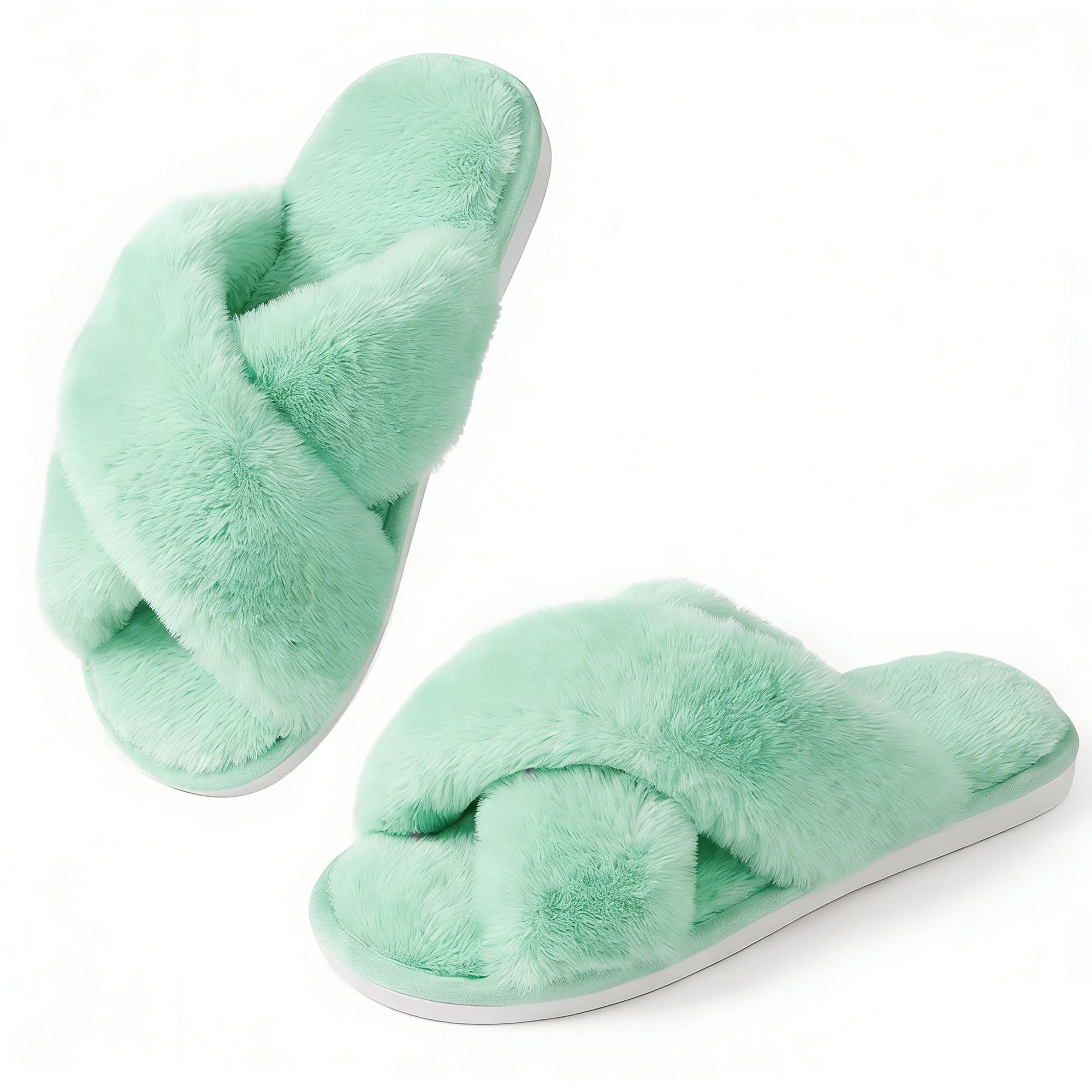 Ankis Women's Fuzzy Slippers Cross Band Memory Foam Open Toe Comfy Soft House Shoes Anti-Slip Indoor Outdoor Gifts for Women