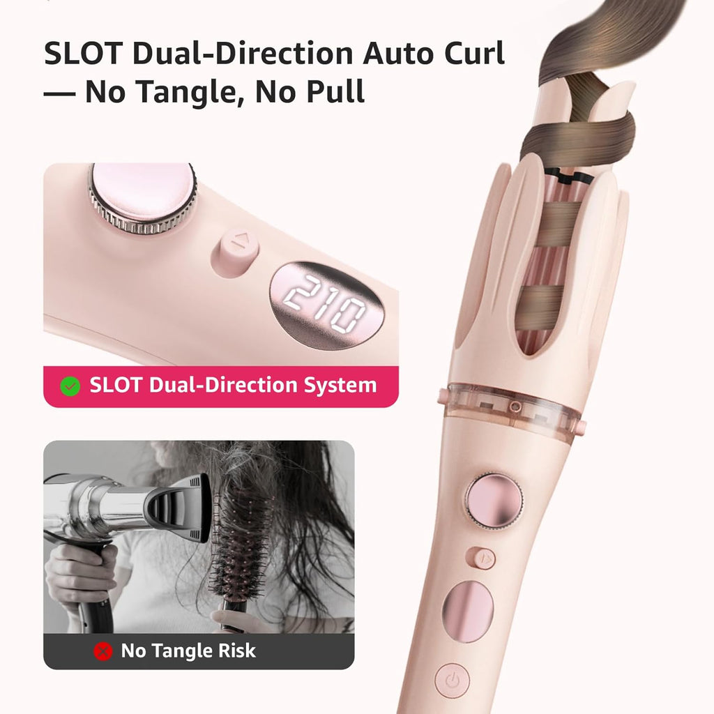 Automatic Curling Iron, 2 in 1 Hair Curler with Hair Straightener Brush, Portable Rotating Curling Iron, 1.25" Anti-Scald Tangle-Free, Dual Voltage 4 Temps Fast Heating, Lightweight for Travel