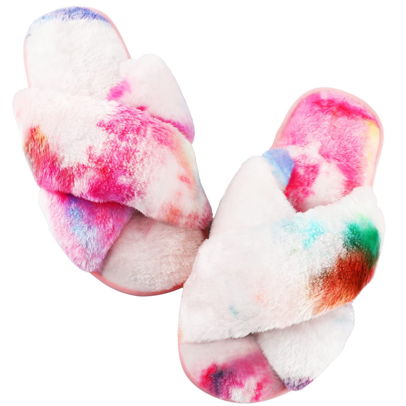 Ankis Women's Fuzzy Slippers Cross Band Memory Foam Open Toe Comfy Soft House Shoes Anti-Slip Indoor Outdoor Gifts for Women