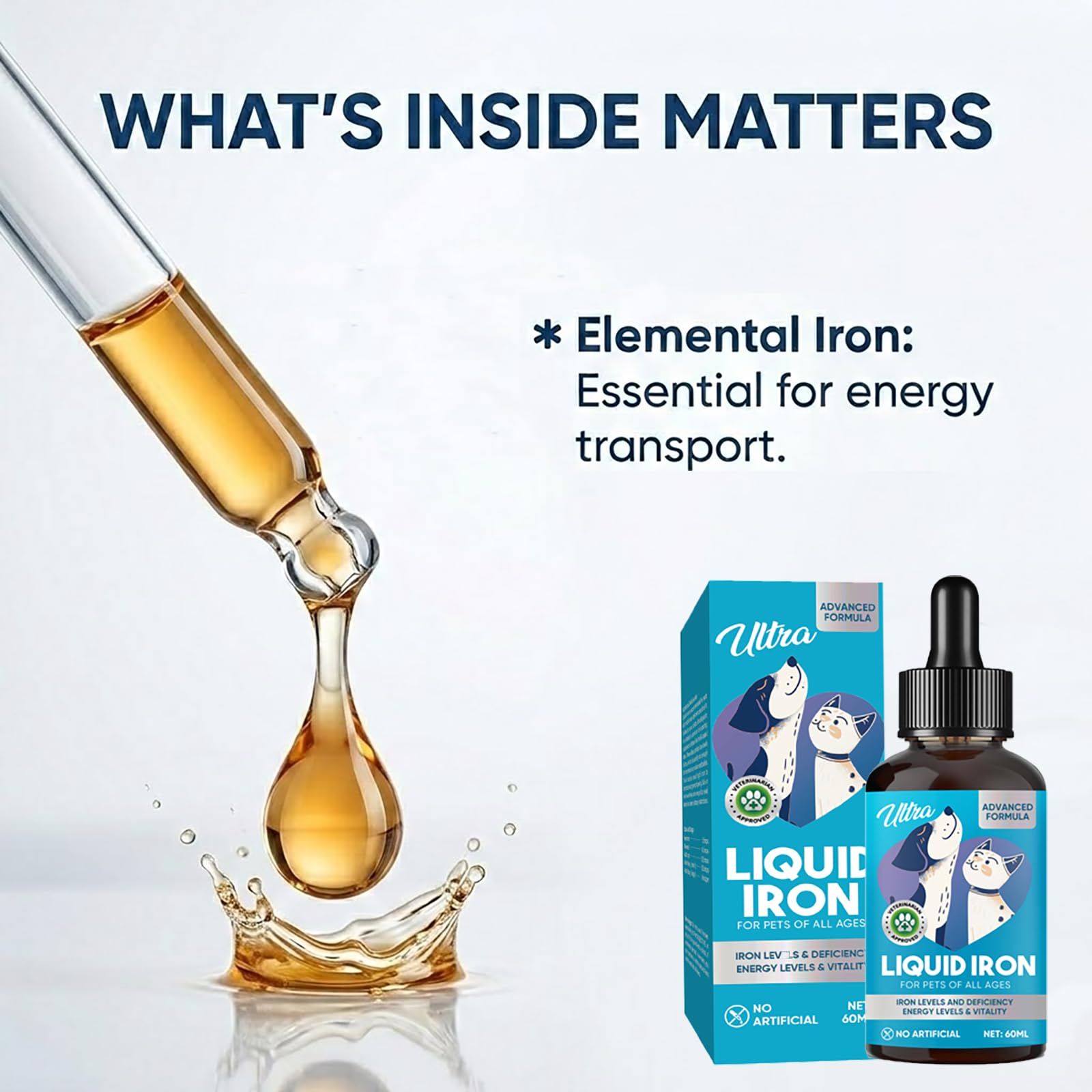Iron Supplement for Cats and Dogs, 2 Fl Oz Liquid Iron Drops with Vitamin B12 & C, Supports Healthy Blood Levels, Energy and Vitality, Immune Support for Pets Needing Blood Health, Quick Absorption
