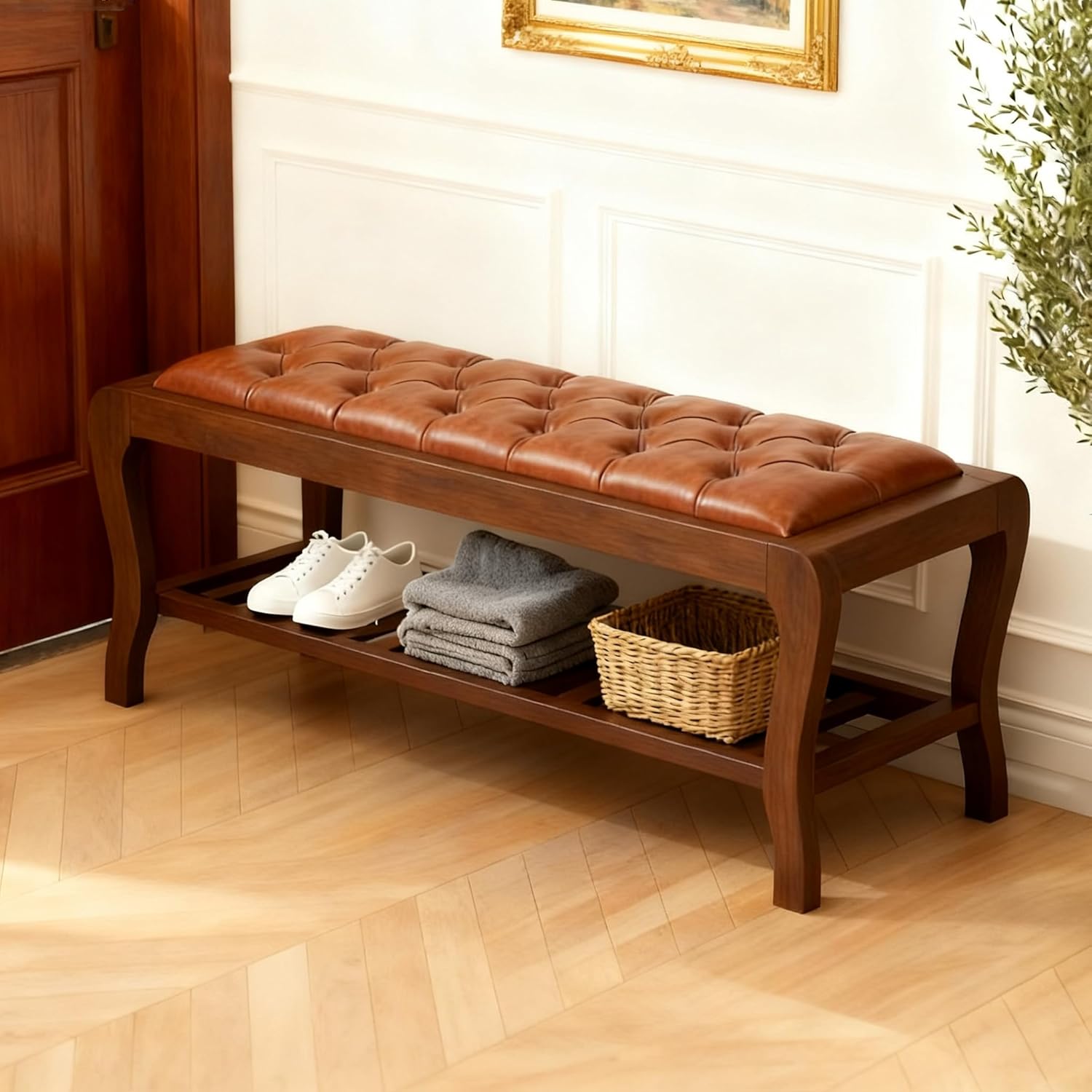 Cozyman Entryway Bench 59 Inch, PU Leather Upholstered Bed Bench with Solid Rubber Wood Legs, 300LBS Weight Capacity, Storage for Shoes/Toys, Easy Assembly for Hallway/Entryway/Living Room, Caramel