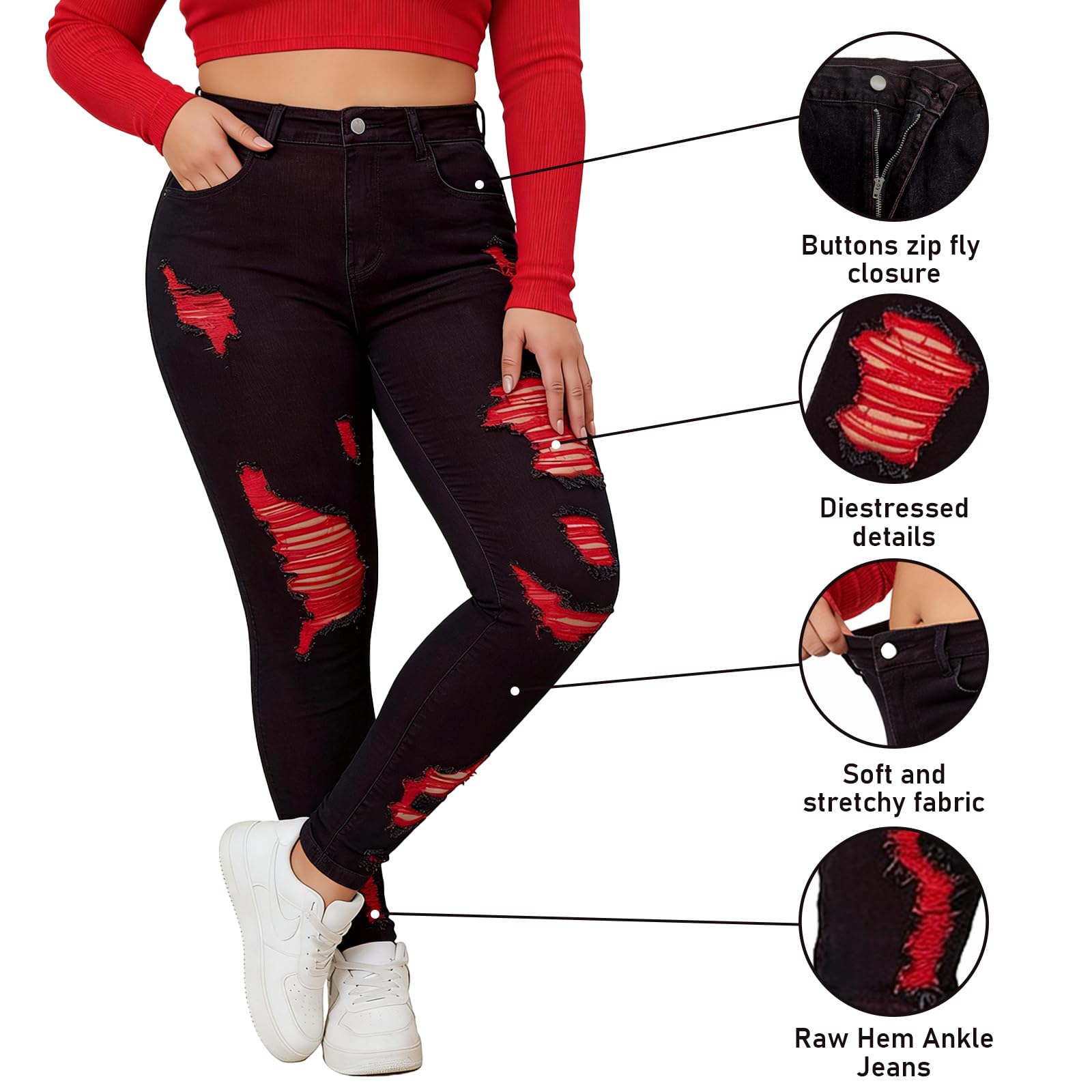 Women's High Waisted Stretchy Skinny Jeans Plus Size Ripped Distressed Butt Lifting Jeans Ankle Jean