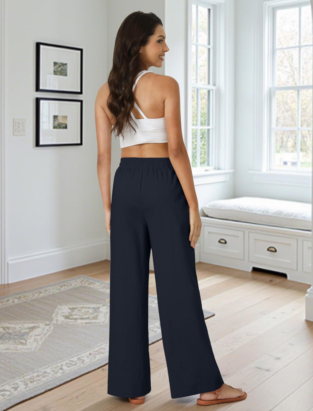 FireSwan Womens Palazzo Pants Casual Drawstring Flowy Pants Wide Leg Summer Beach Linen Trousers with Pockets