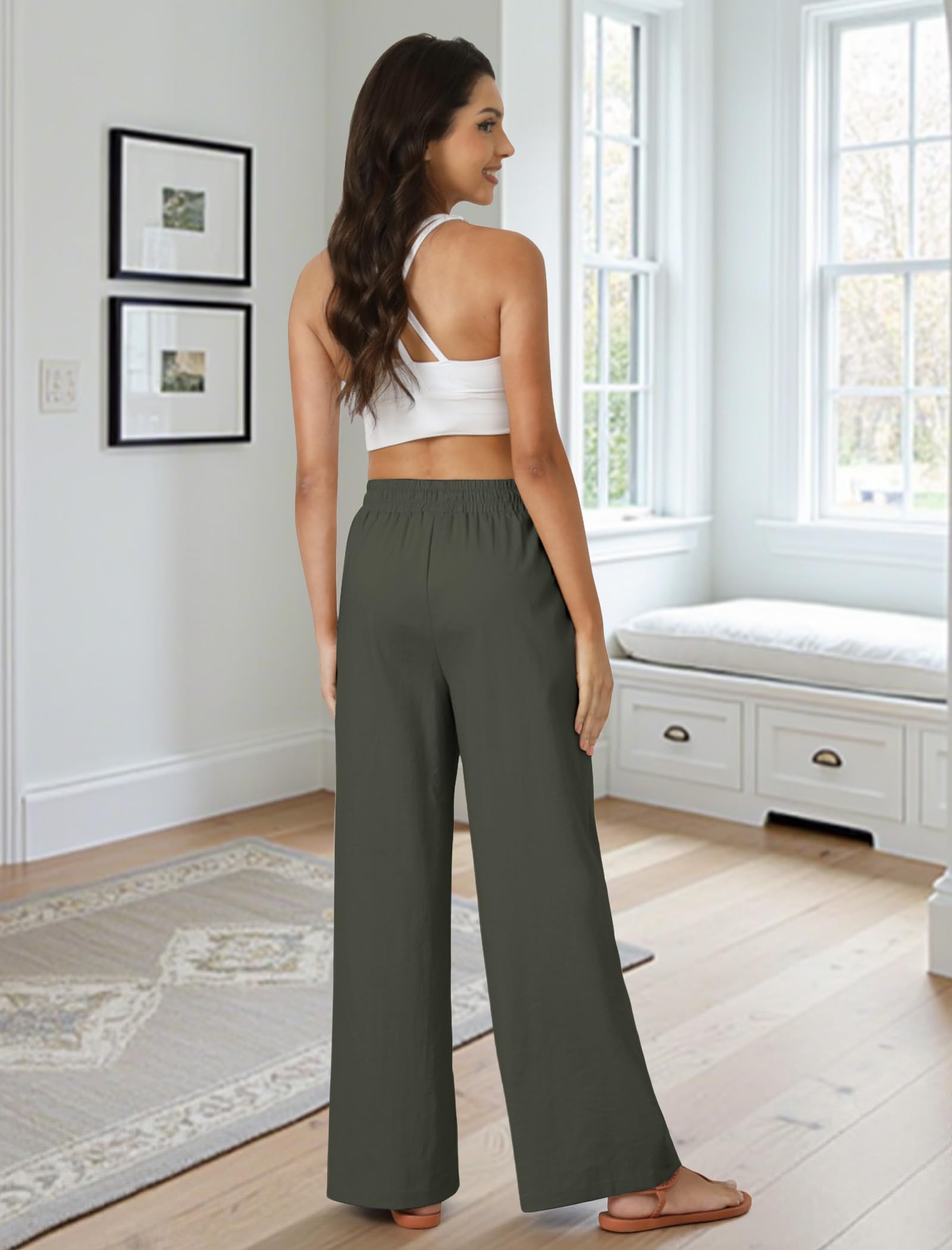 FireSwan Womens Palazzo Pants Casual Drawstring Flowy Pants Wide Leg Summer Beach Linen Trousers with Pockets