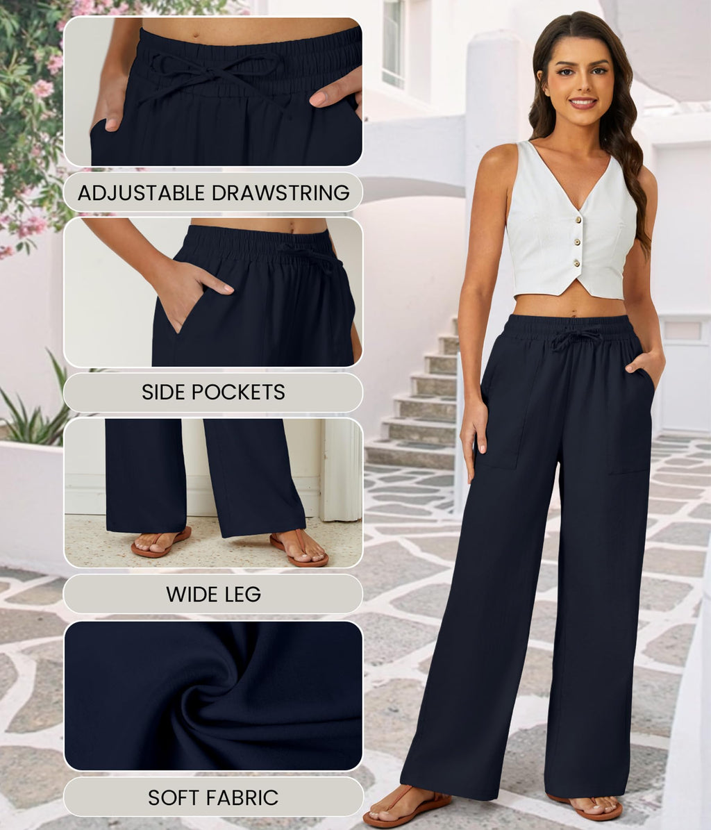 FireSwan Womens Palazzo Pants Casual Drawstring Flowy Pants Wide Leg Summer Beach Linen Trousers with Pockets