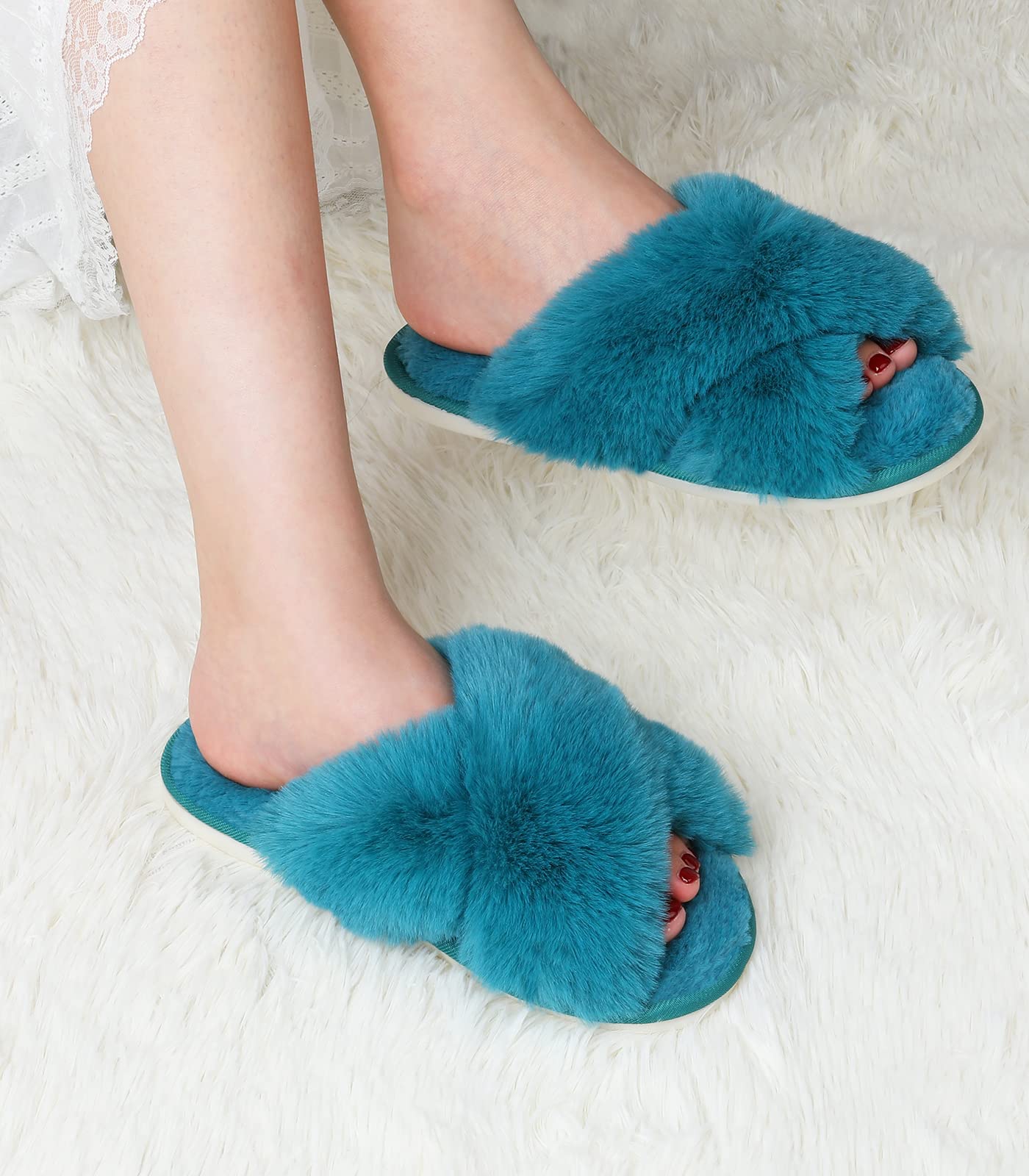 Ankis Women's Fuzzy Slippers Cross Band Memory Foam Open Toe Comfy Soft House Shoes Anti-Slip Indoor Outdoor Gifts for Women