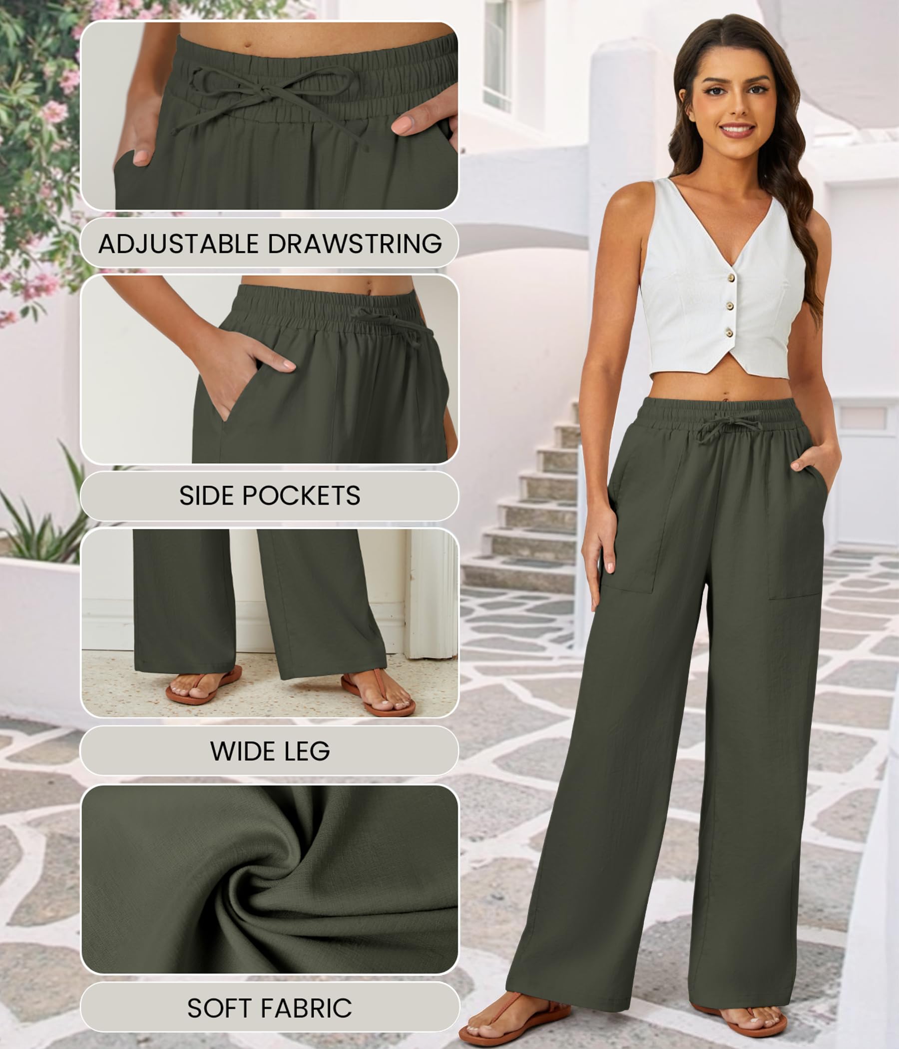 FireSwan Womens Palazzo Pants Casual Drawstring Flowy Pants Wide Leg Summer Beach Linen Trousers with Pockets