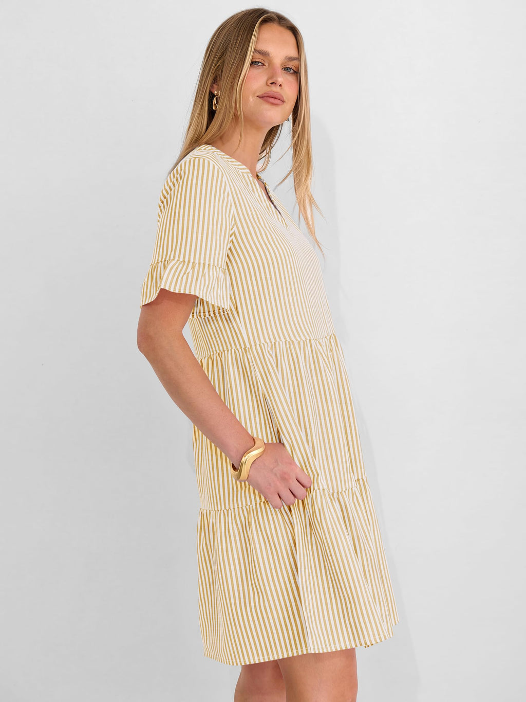 Caracilia Dresses for Women Summer 2026 Striped V Neck Ruffle Sleeve A Line Tiered Flowy Casual Mini Beach Dress with Pockets