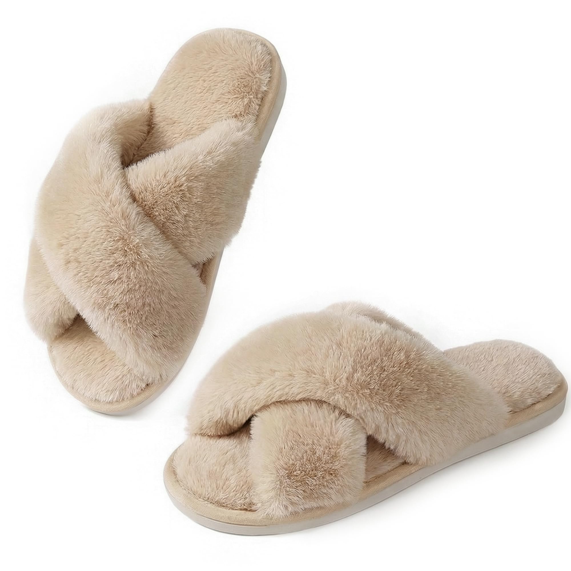 Ankis Women's Fuzzy Slippers Cross Band Memory Foam Open Toe Comfy Soft House Shoes Anti-Slip Indoor Outdoor Gifts for Women