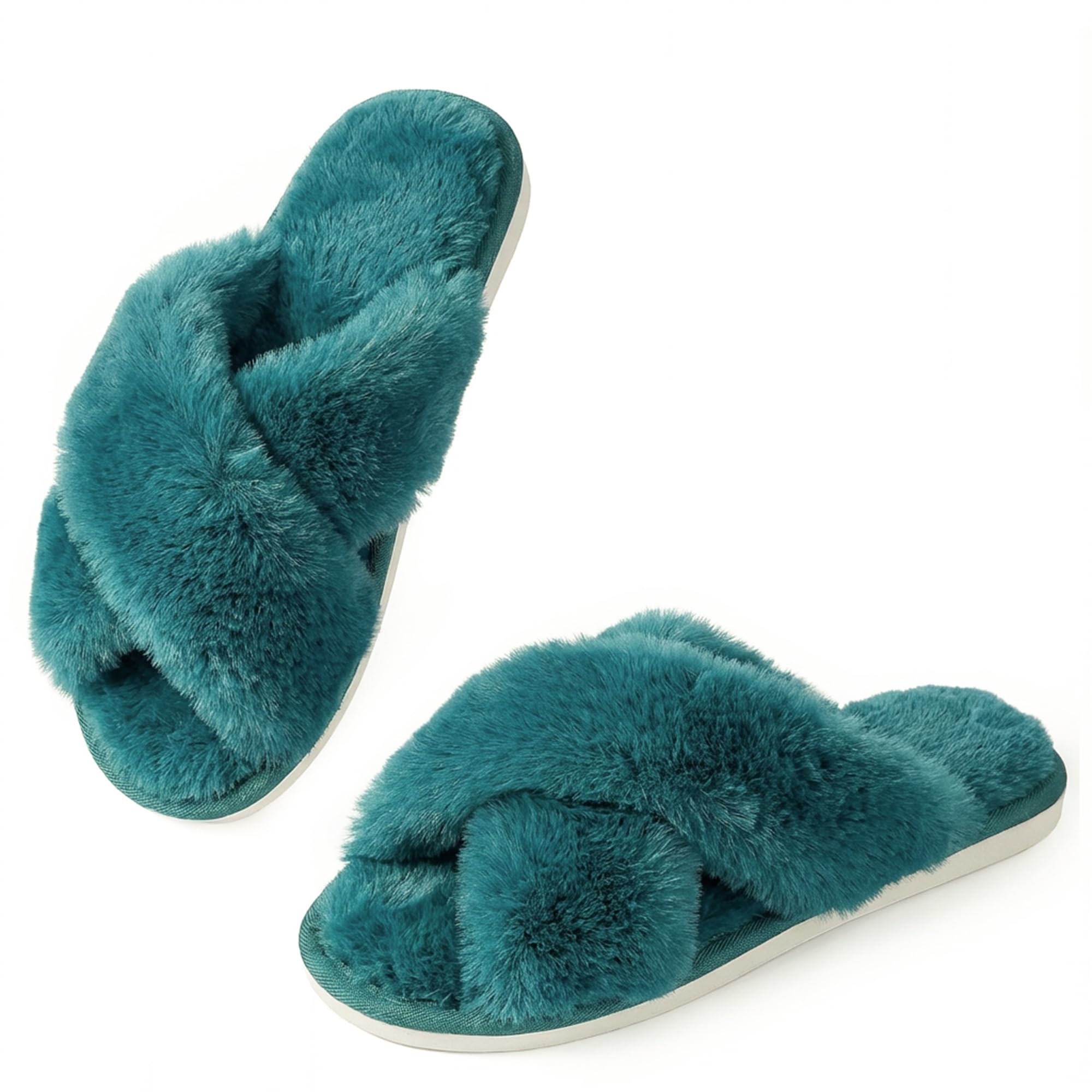 Ankis Women's Fuzzy Slippers Cross Band Memory Foam Open Toe Comfy Soft House Shoes Anti-Slip Indoor Outdoor Gifts for Women