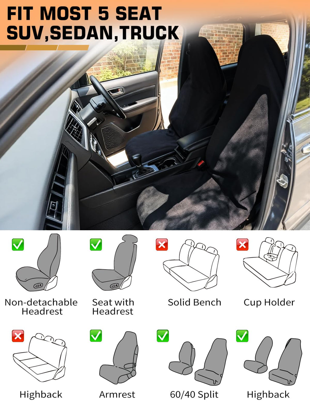 1160g Heavy Duty Towel Car Seat Cover, Sweatproof Absorbent Microfiber Rear Seat Protector for Gym Beach Athletes, Universal Fit Waterproof Back Seat Mat for Sedans SUV Minivans(Black, 1PC)