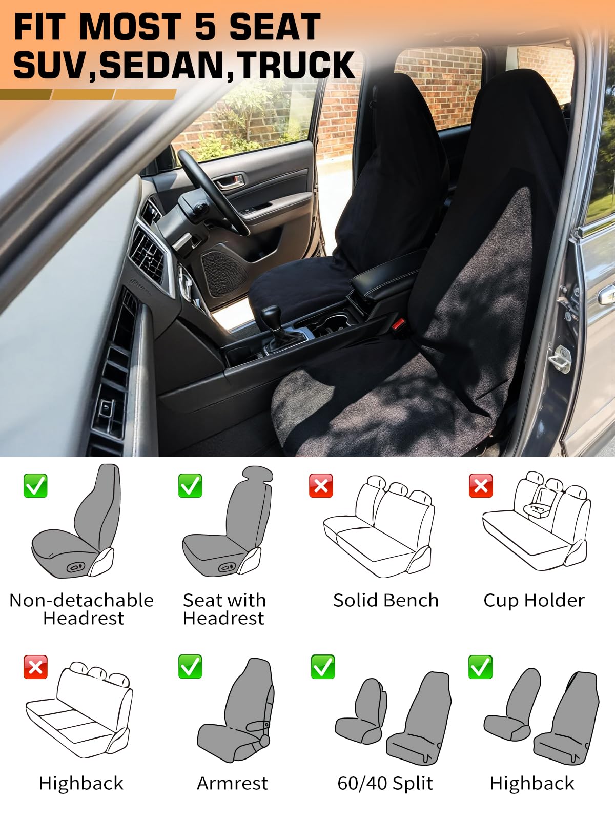1160g Heavy Duty Towel Car Seat Cover, Sweatproof Absorbent Microfiber Rear Seat Protector for Gym Beach Athletes, Universal Fit Waterproof Back Seat Mat for Sedans SUV Minivans(Black, 1PC)