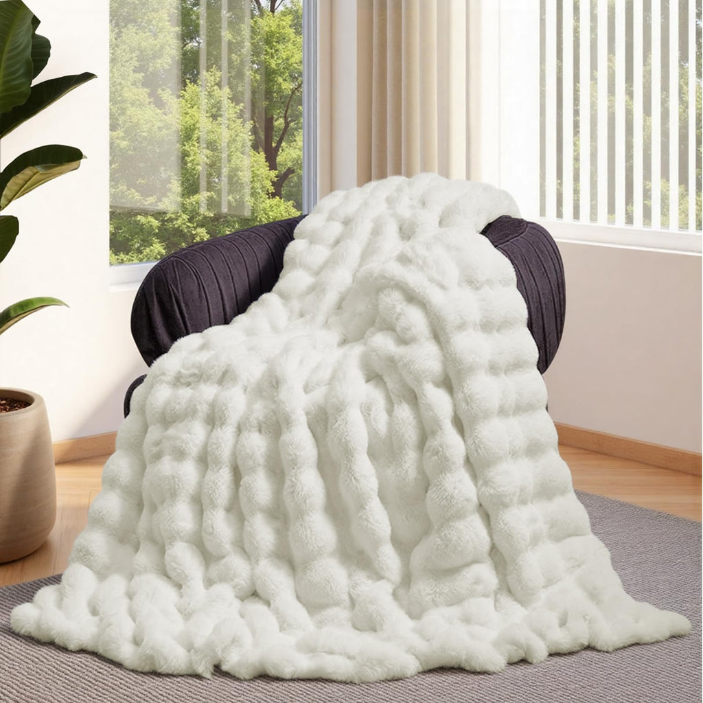 Lotus Karen Faux Fur Throw Blanket Black - Big Bubble Rabbit Fluff Blanket for Couch, Small Fluffy Fuzzy Cozy Blanket, Thick Furry Plush Shaggy Blankets, 50x60 Inches