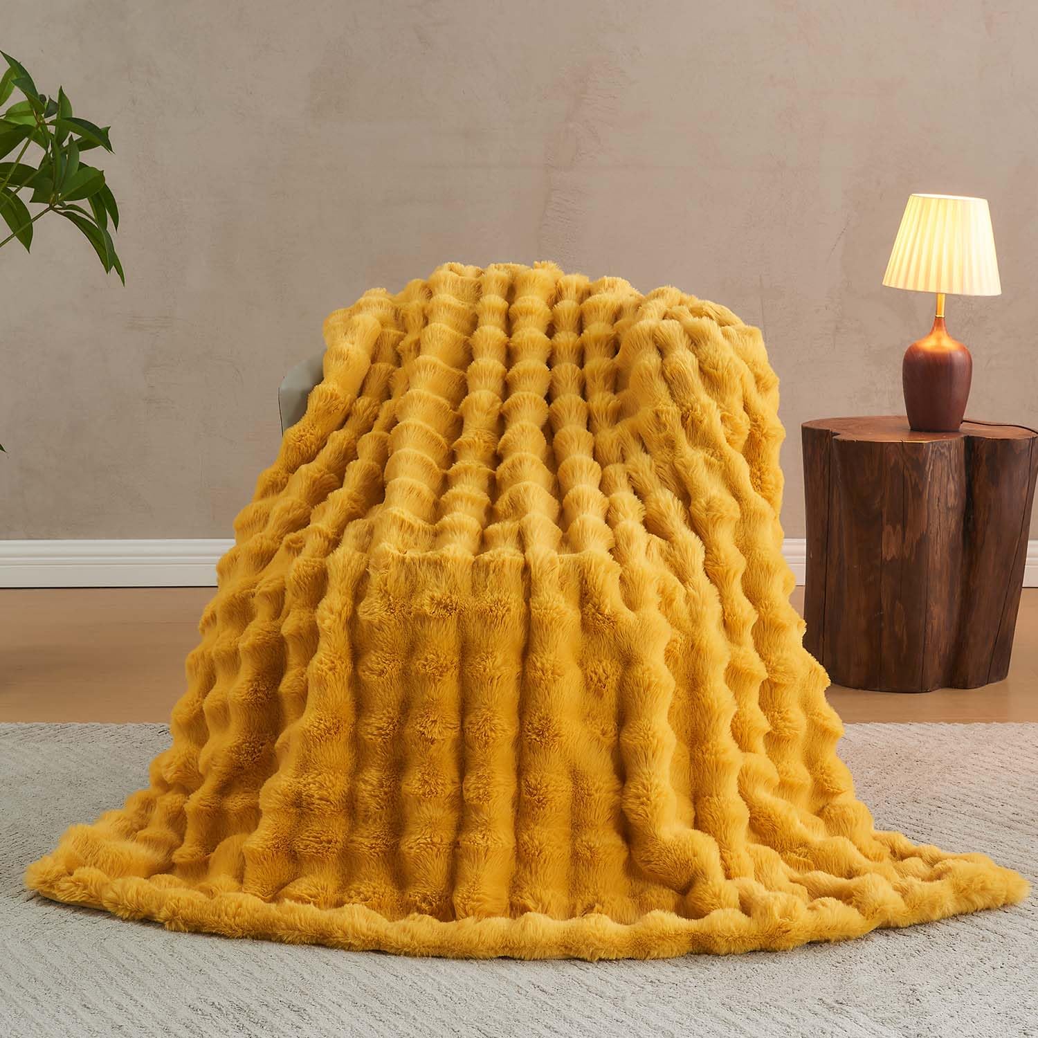 Lotus Karen Faux Fur Throw Blanket Black - Big Bubble Rabbit Fluff Blanket for Couch, Small Fluffy Fuzzy Cozy Blanket, Thick Furry Plush Shaggy Blankets, 50x60 Inches