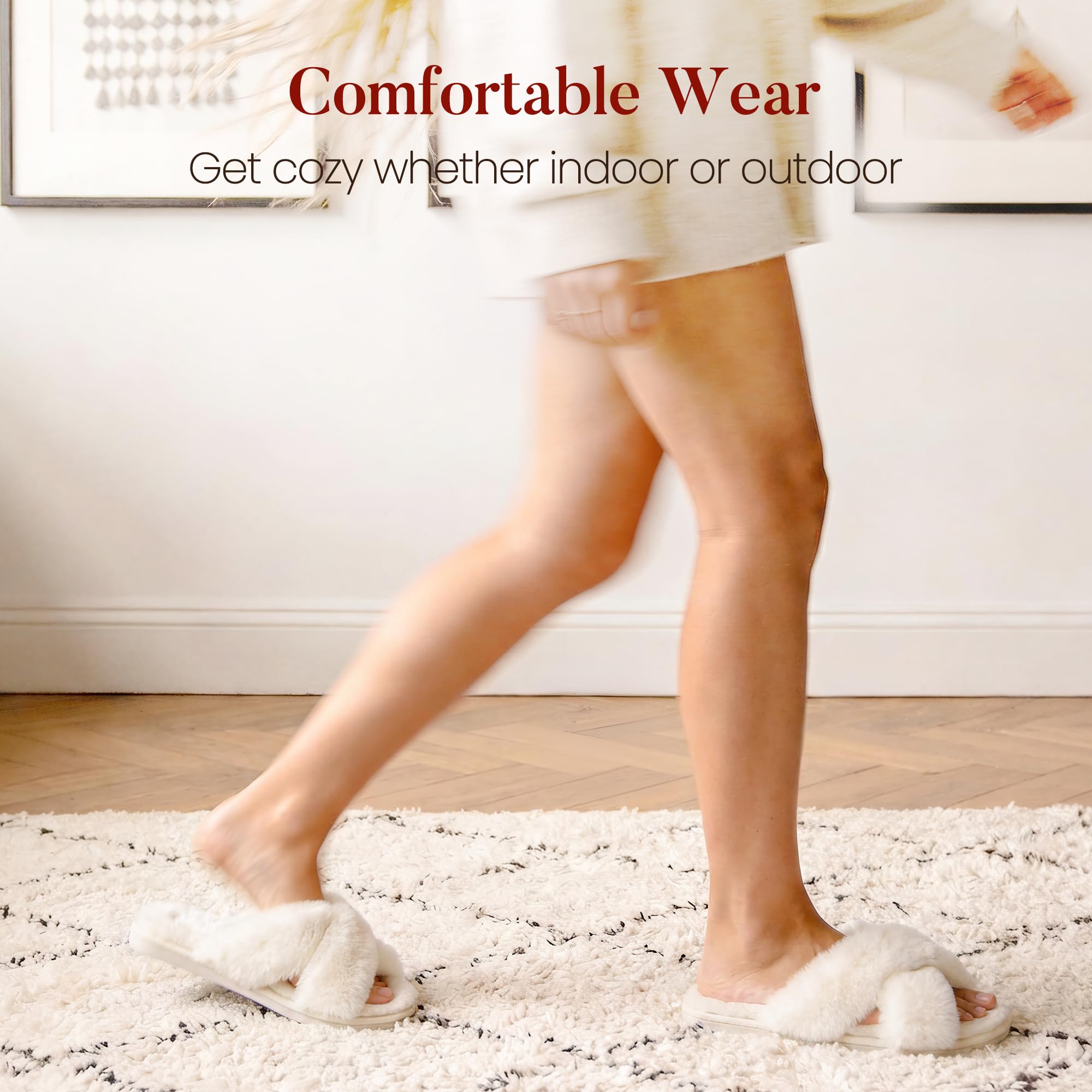 Ankis Women's Fuzzy Slippers Cross Band Memory Foam Open Toe Comfy Soft House Shoes Anti-Slip Indoor Outdoor Gifts for Women