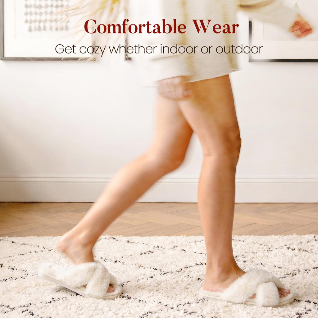 Ankis Women's Fuzzy Slippers Cross Band Memory Foam Open Toe Comfy Soft House Shoes Anti-Slip Indoor Outdoor Gifts for Women