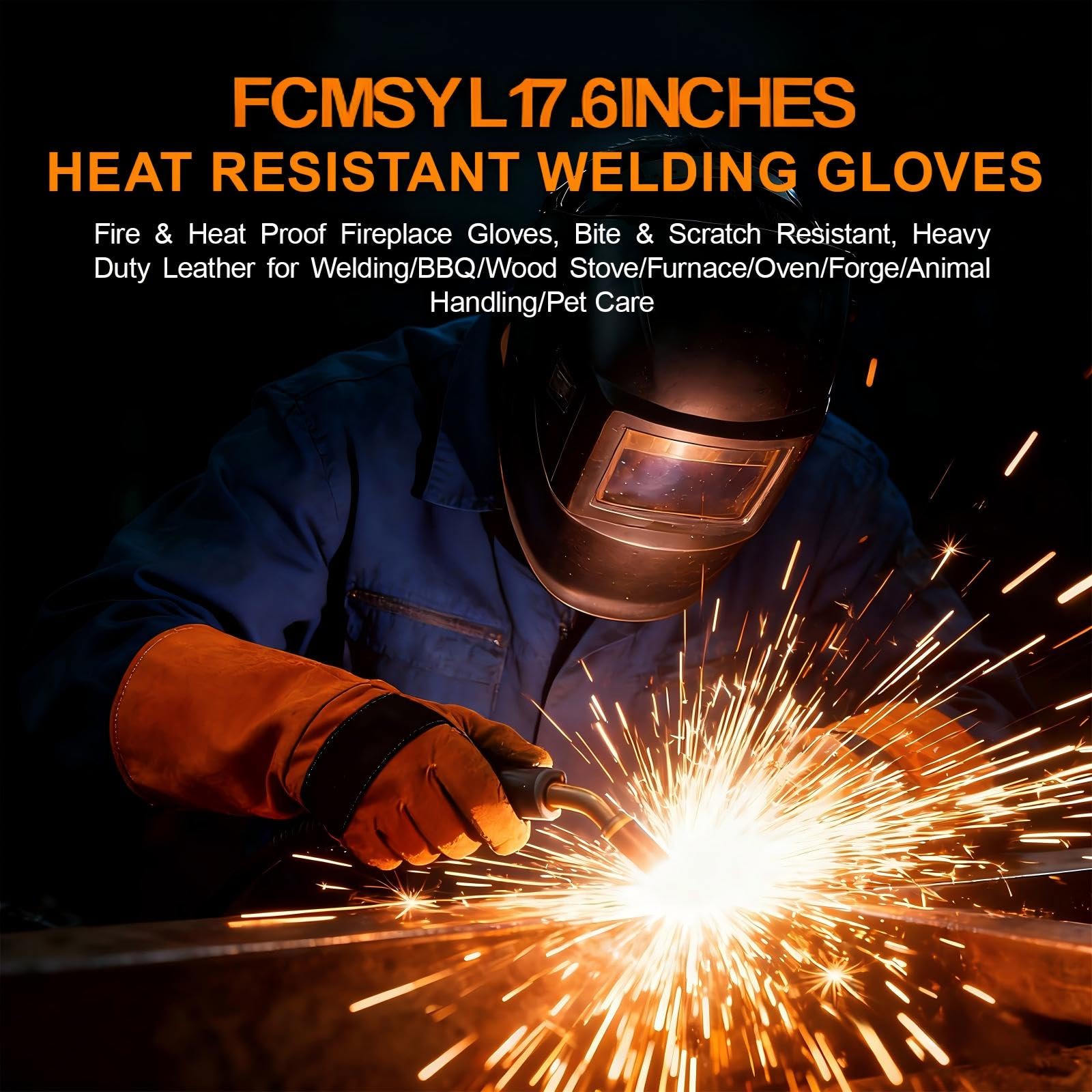 17.6Inches Heat Resistant Welding Gloves, Fire & Heat Proof Fireplace Gloves, Bite & Scratch Resistant, Heavy Duty Leather for Welding/BBQ/Wood Stove/Furnace/Oven/Forge/Animal Handling/Pet Care