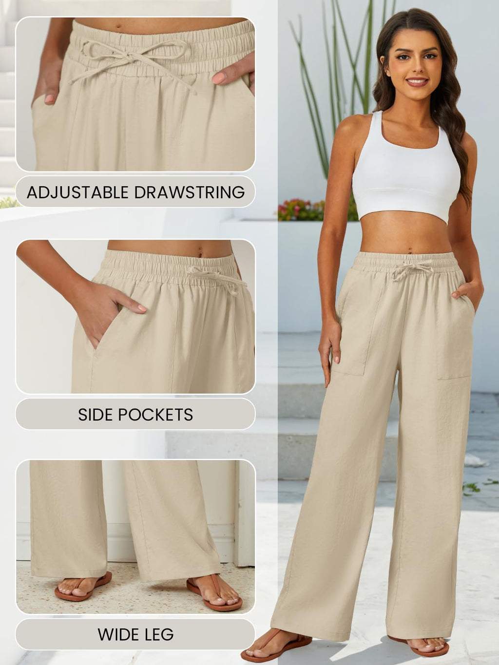 FireSwan Womens Palazzo Pants Casual Drawstring Flowy Pants Wide Leg Summer Beach Linen Trousers with Pockets