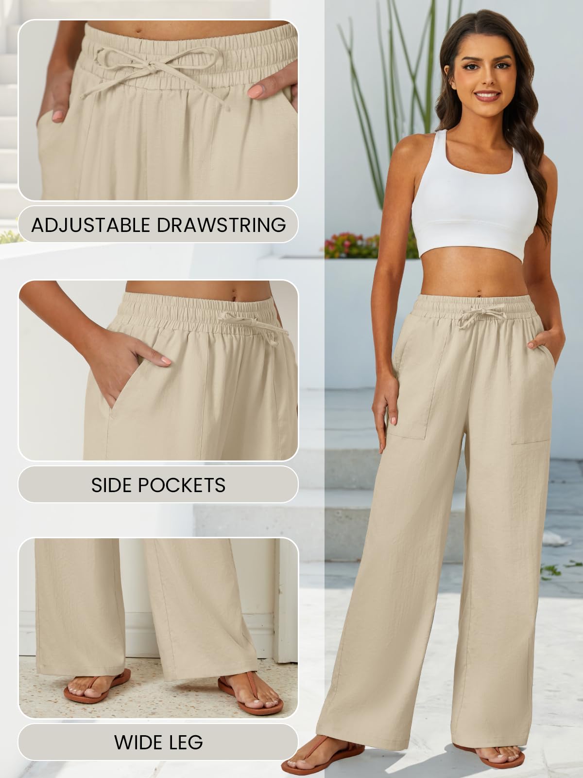 FireSwan Womens Palazzo Pants Casual Drawstring Flowy Pants Wide Leg Summer Beach Linen Trousers with Pockets