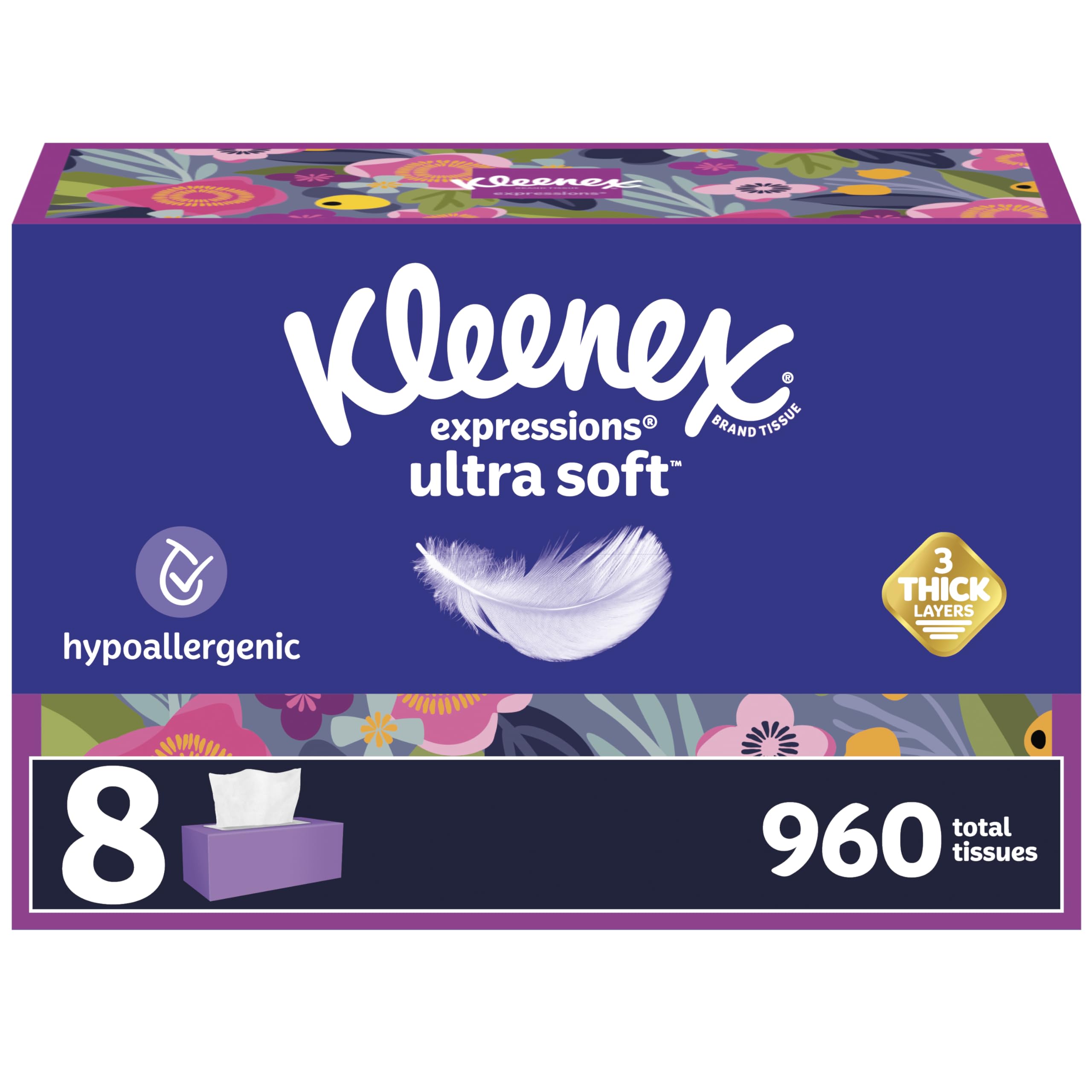 Kleenex Ultra Soft Facial Tissues, 3 Flat Boxes, 120 Tissues per Box, 3-Ply (360 Total), Packaging May Vary