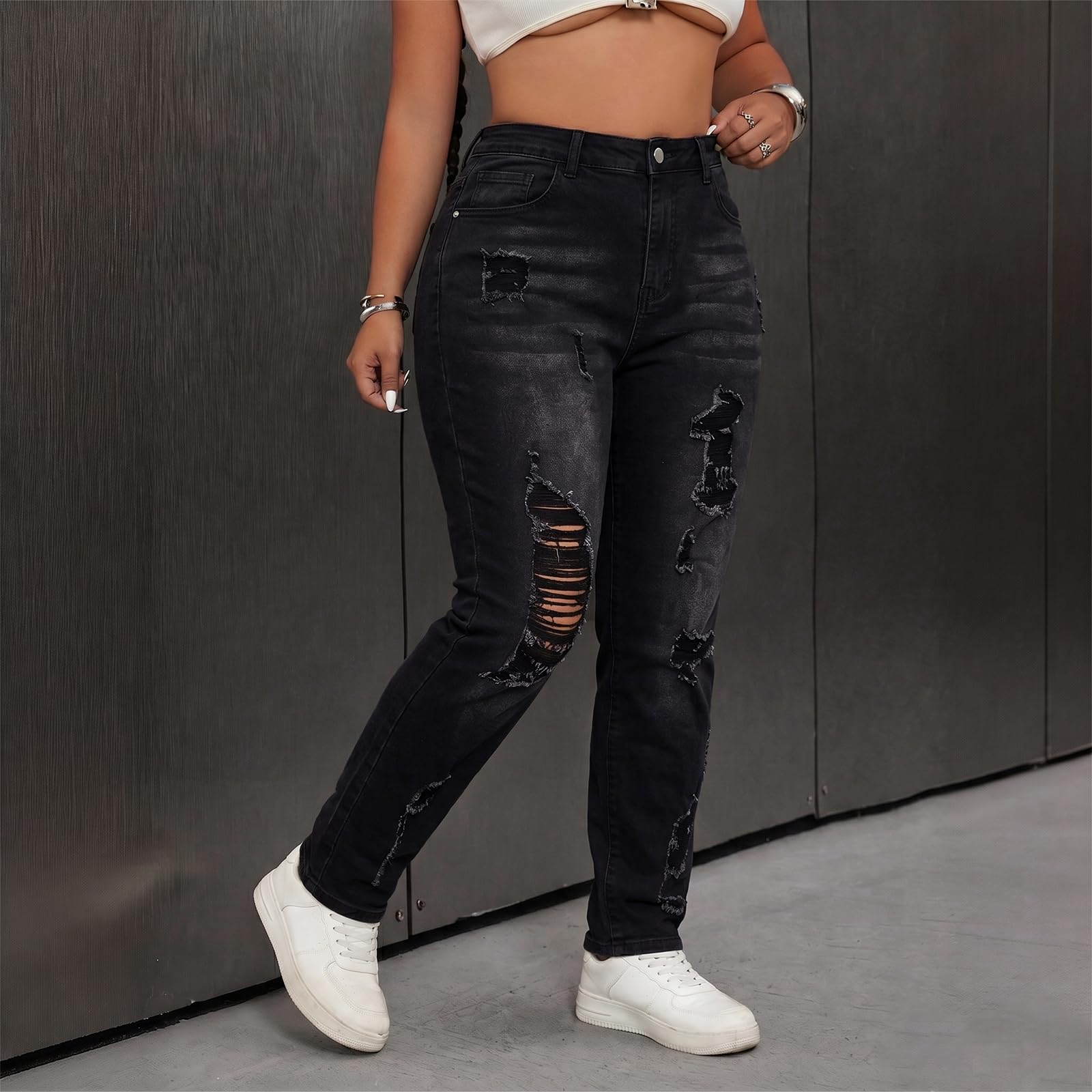 Women's High Waisted Stretchy Skinny Jeans Plus Size Ripped Distressed Butt Lifting Jeans Ankle Jean
