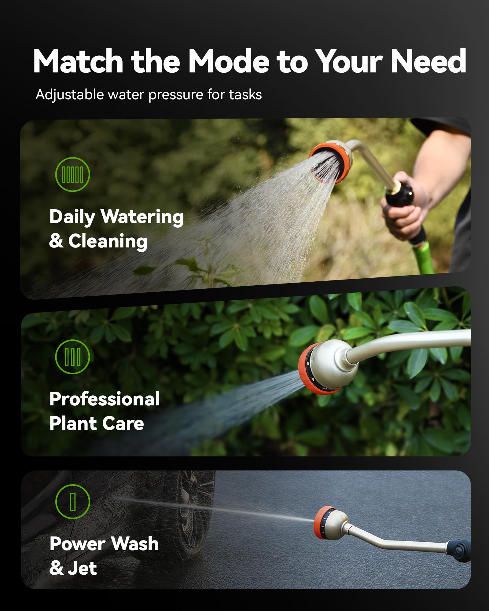 RAINPOINT Watering Wand, 16 Inch Metal Garden Hose Wand with 9 Spray Patterns, Long Hose Sprayer Nozzle For Hanging Baskets, Shrubs,Lawn (Green)