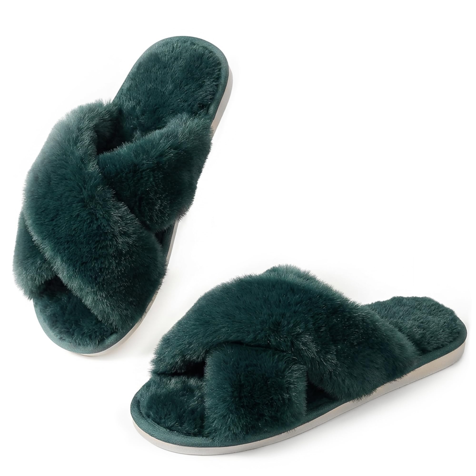 Ankis Women's Fuzzy Slippers Cross Band Memory Foam Open Toe Comfy Soft House Shoes Anti-Slip Indoor Outdoor Gifts for Women