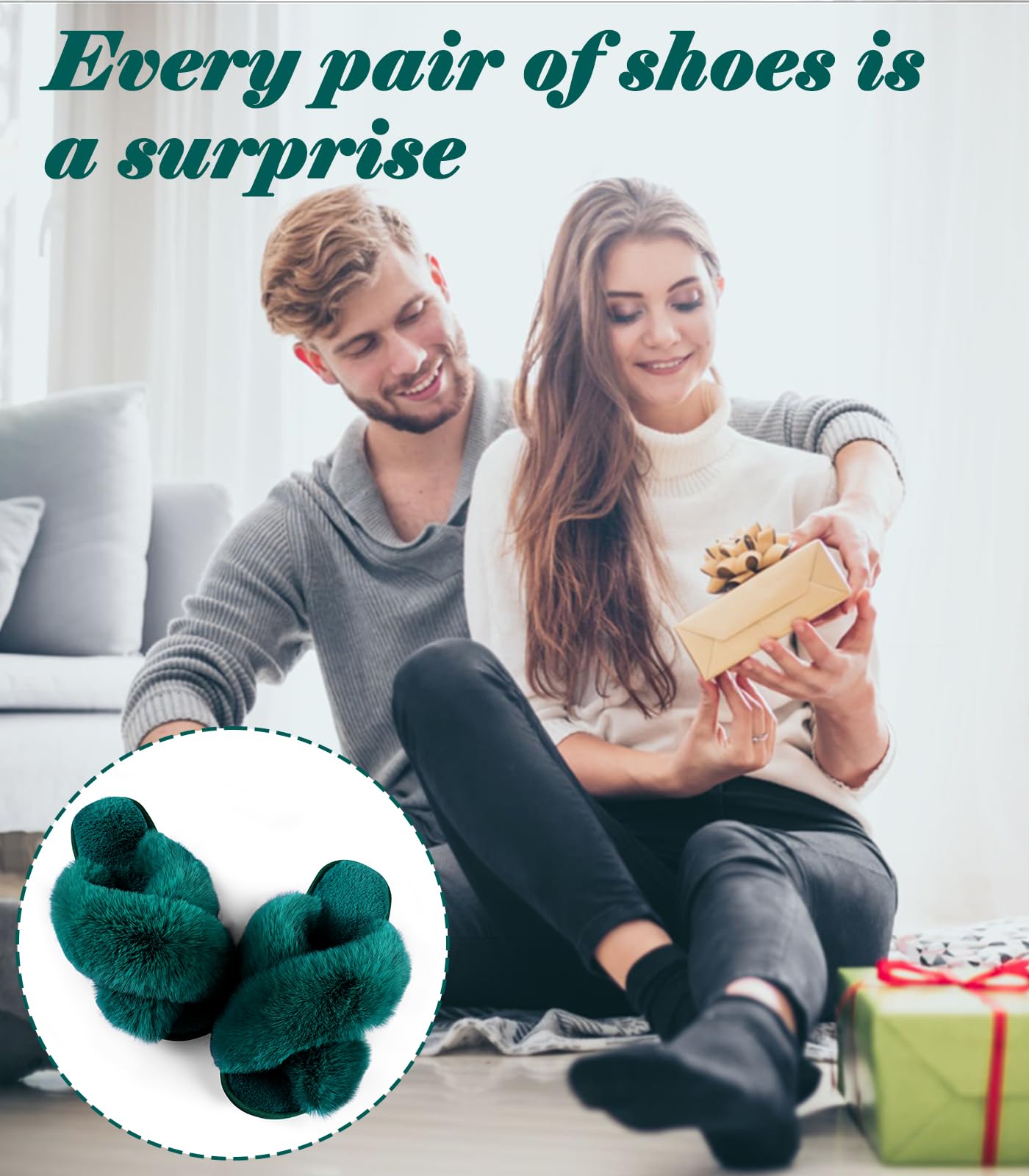 Ankis Women's Fuzzy Slippers Cross Band Memory Foam Open Toe Comfy Soft House Shoes Anti-Slip Indoor Outdoor Gifts for Women
