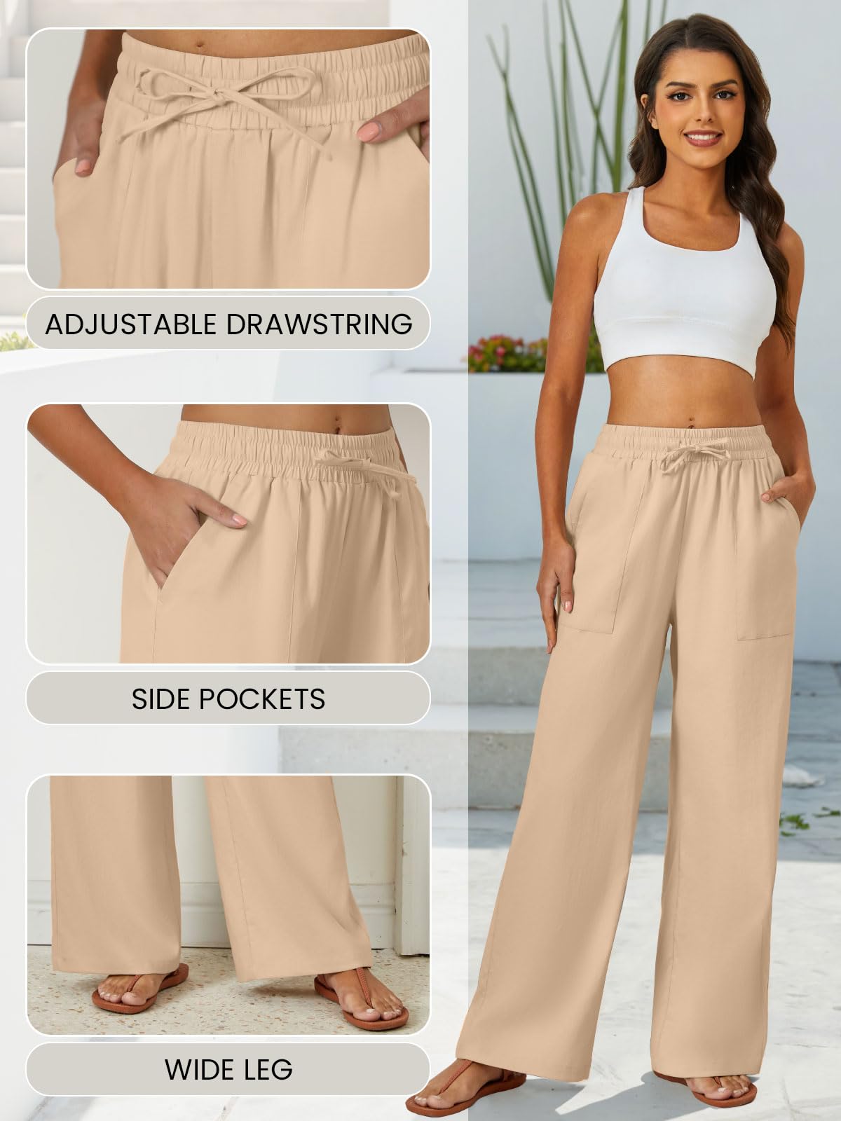 FireSwan Womens Palazzo Pants Casual Drawstring Flowy Pants Wide Leg Summer Beach Linen Trousers with Pockets