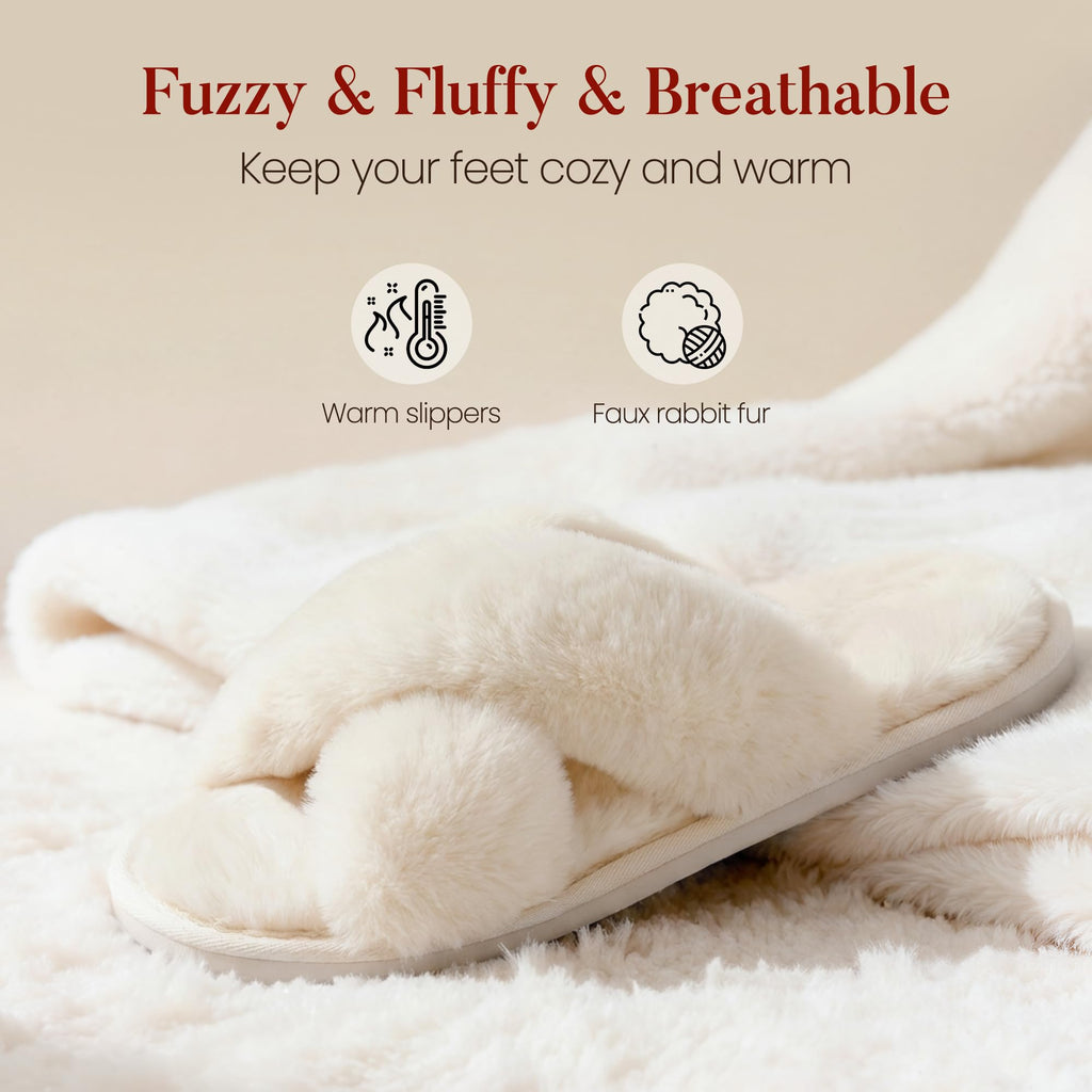 Ankis Women's Fuzzy Slippers Cross Band Memory Foam Open Toe Comfy Soft House Shoes Anti-Slip Indoor Outdoor Gifts for Women